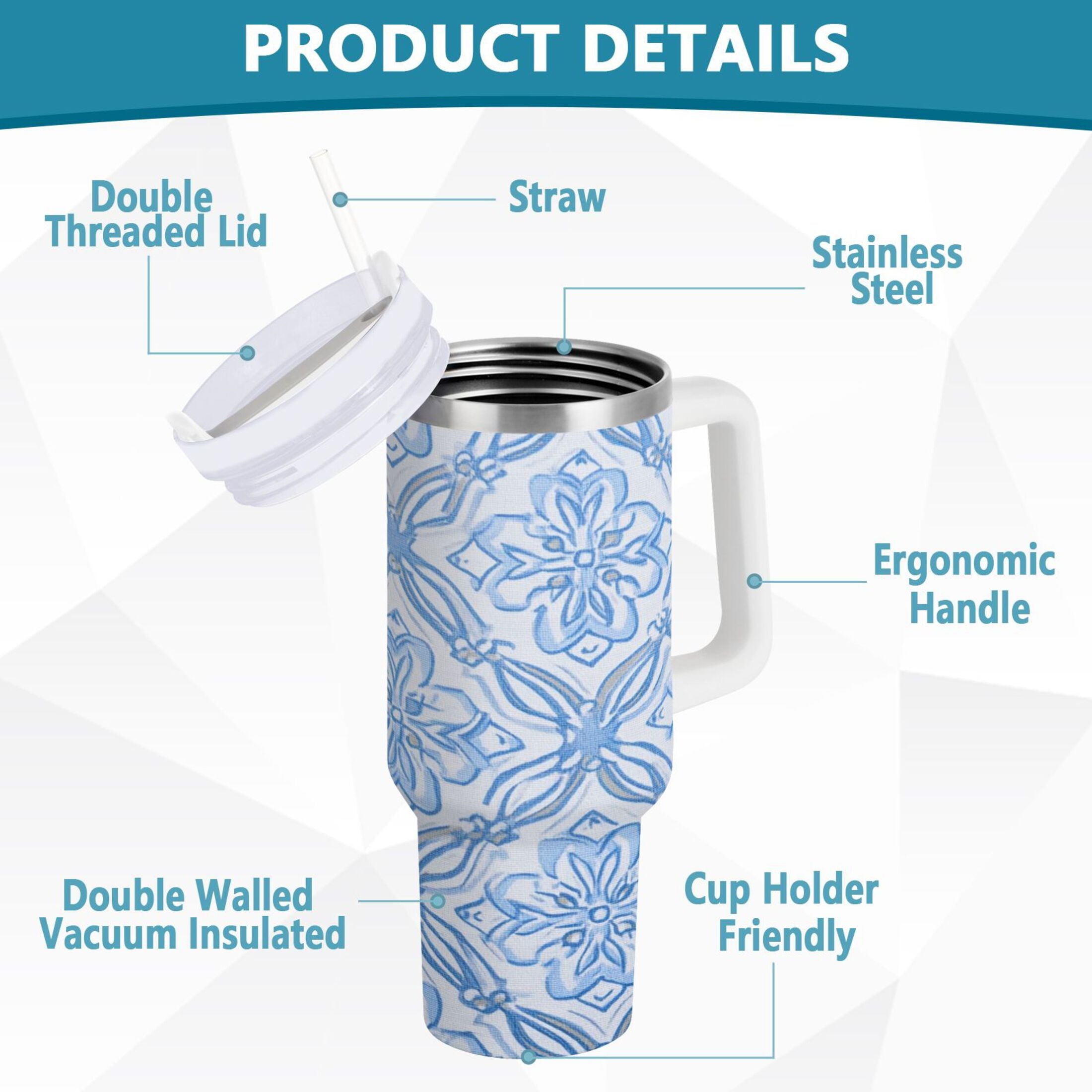 30 oz Insulated Stainless Steel Tumbler Double Wall Stainless Steel Tumbler with 2-Way Drinking Blue Elegant Geometric Design - Choice 477