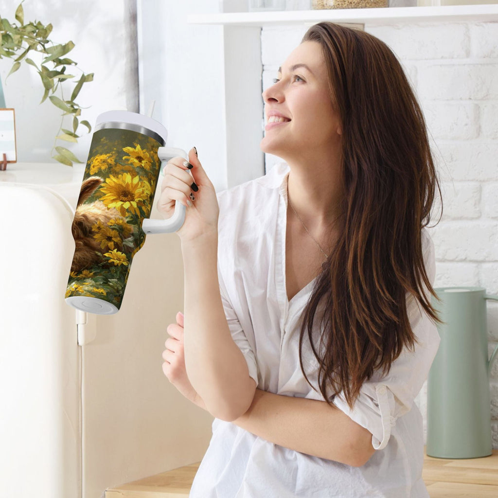 40 oz Insulated Stainless Steel Tumbler Double Wall Stainless Steel Tumbler with 2-Way Drinking Cow Lying in Sunflowers - Choice 453