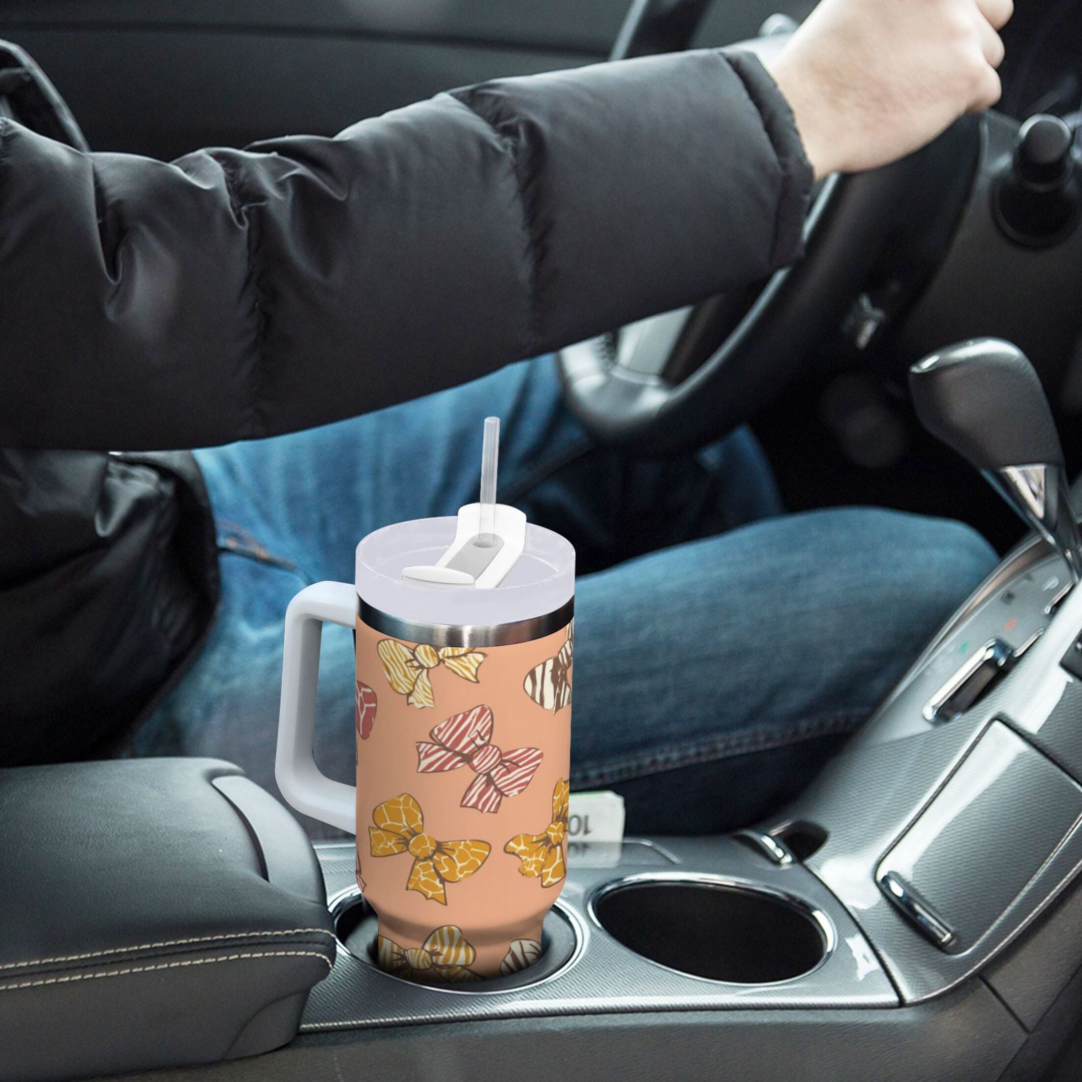 40 oz Insulated Stainless Steel Tumbler Double Wall Stainless Steel Tumbler with 2-Way Drinking Cute Animal Print Bows - Choice 632