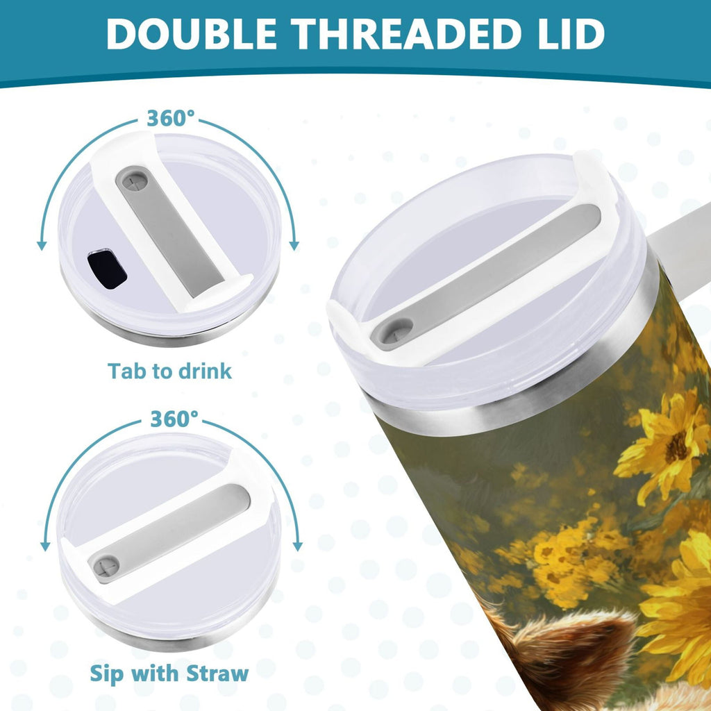 40 oz Insulated Stainless Steel Tumbler Double Wall Stainless Steel Tumbler with 2-Way Drinking Cow Lying in Sunflowers - Choice 453