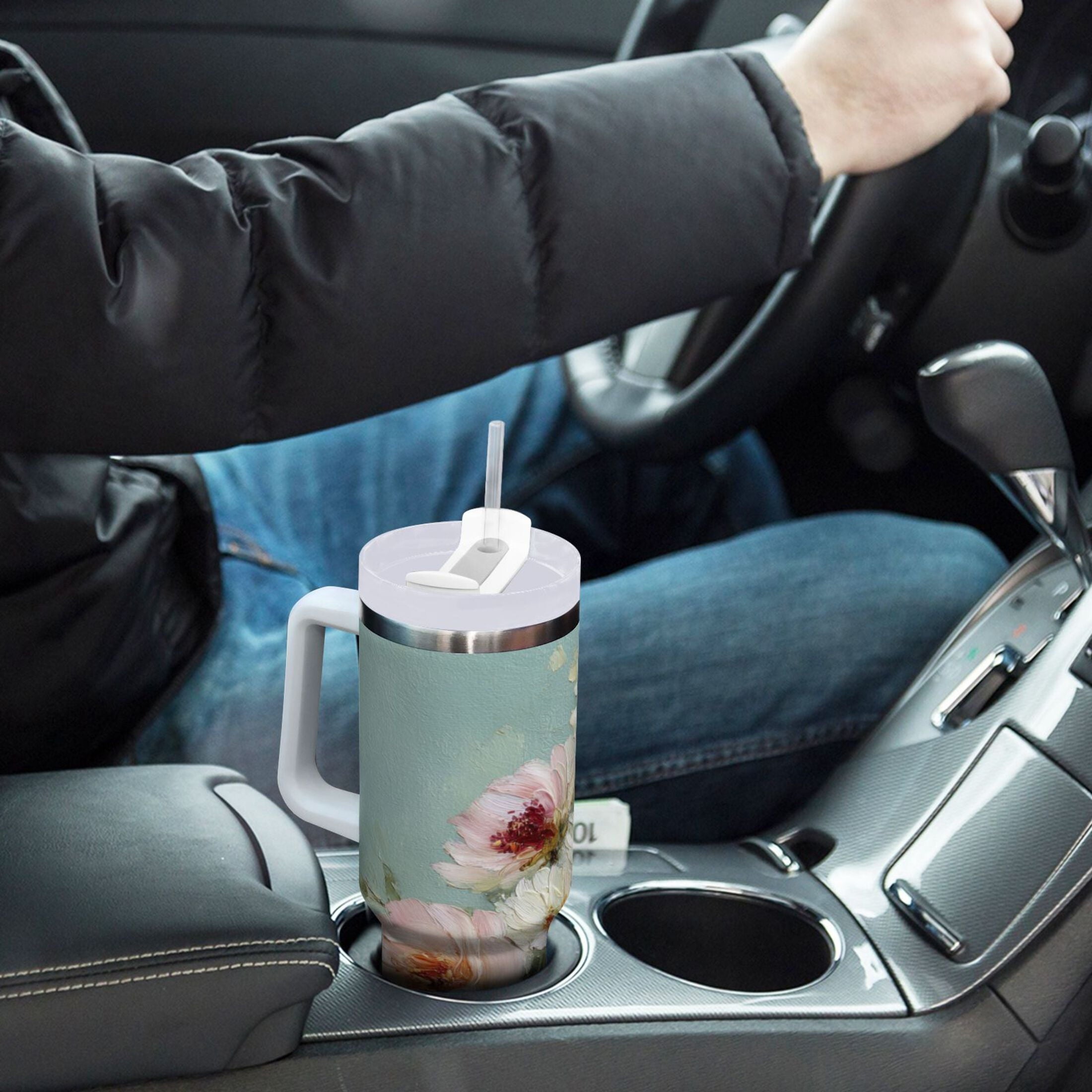 40 oz Insulated Stainless Steel Tumbler Double Wall Stainless Steel Tumbler with 2-Way Drinking Vintage Peonies and Daisies - Choice 233