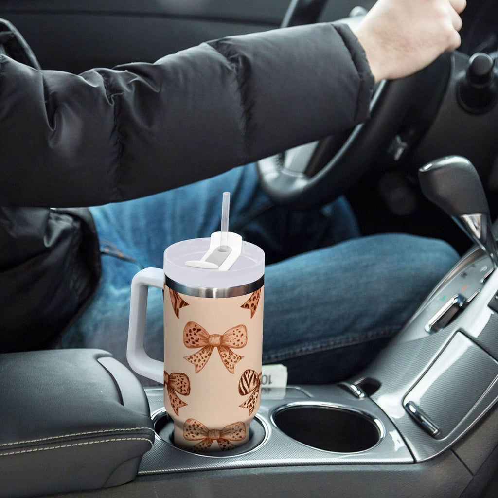 40 oz Insulated Stainless Steel Tumbler Double Wall Stainless Steel Tumbler with 2-Way Drinking Leopard Print Bow - Choice 337