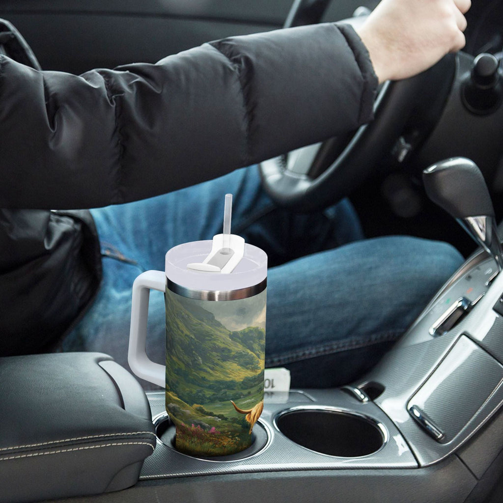 30 oz Insulated Stainless Steel Tumbler Double Wall Stainless Steel Tumbler with 2-Way Drinking Cow in Green Rolling Hills - Choice 267