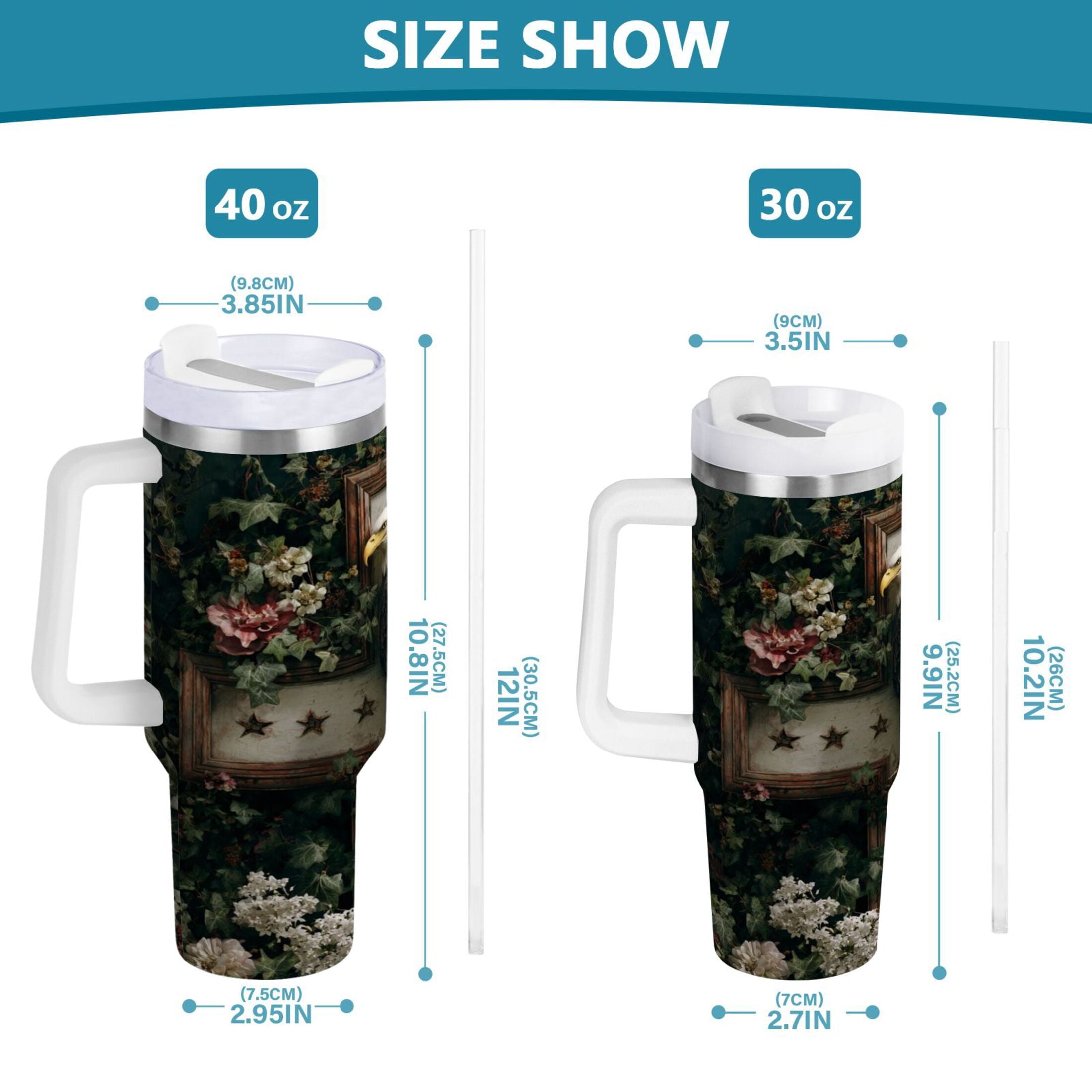 30 oz Insulated Stainless Steel Tumbler Double Wall Stainless Steel Tumbler with 2-Way Drinking Wreath and Bald Eagle - Choice 231