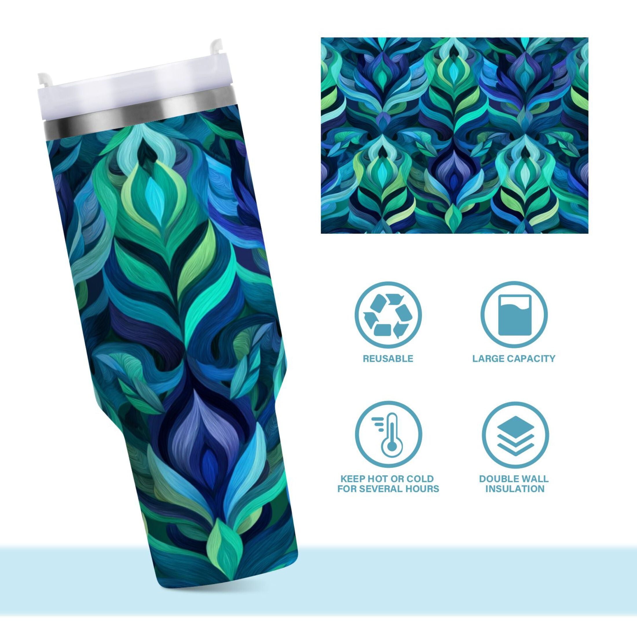40 oz Insulated Stainless Steel Tumbler Double Wall Stainless Steel Tumbler with 2-Way Drinking Elegant Blue Abstract Shapes - Choice 188