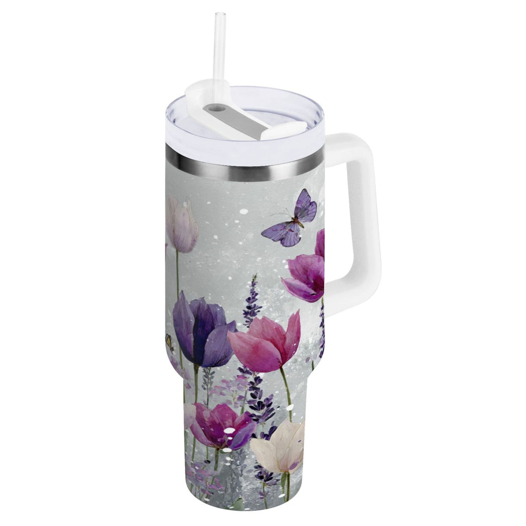 40 oz Insulated Stainless Steel Tumbler Double Wall Stainless Steel Tumbler with 2-Way Drinking Colorful Tulips and Lavender - Choice 580