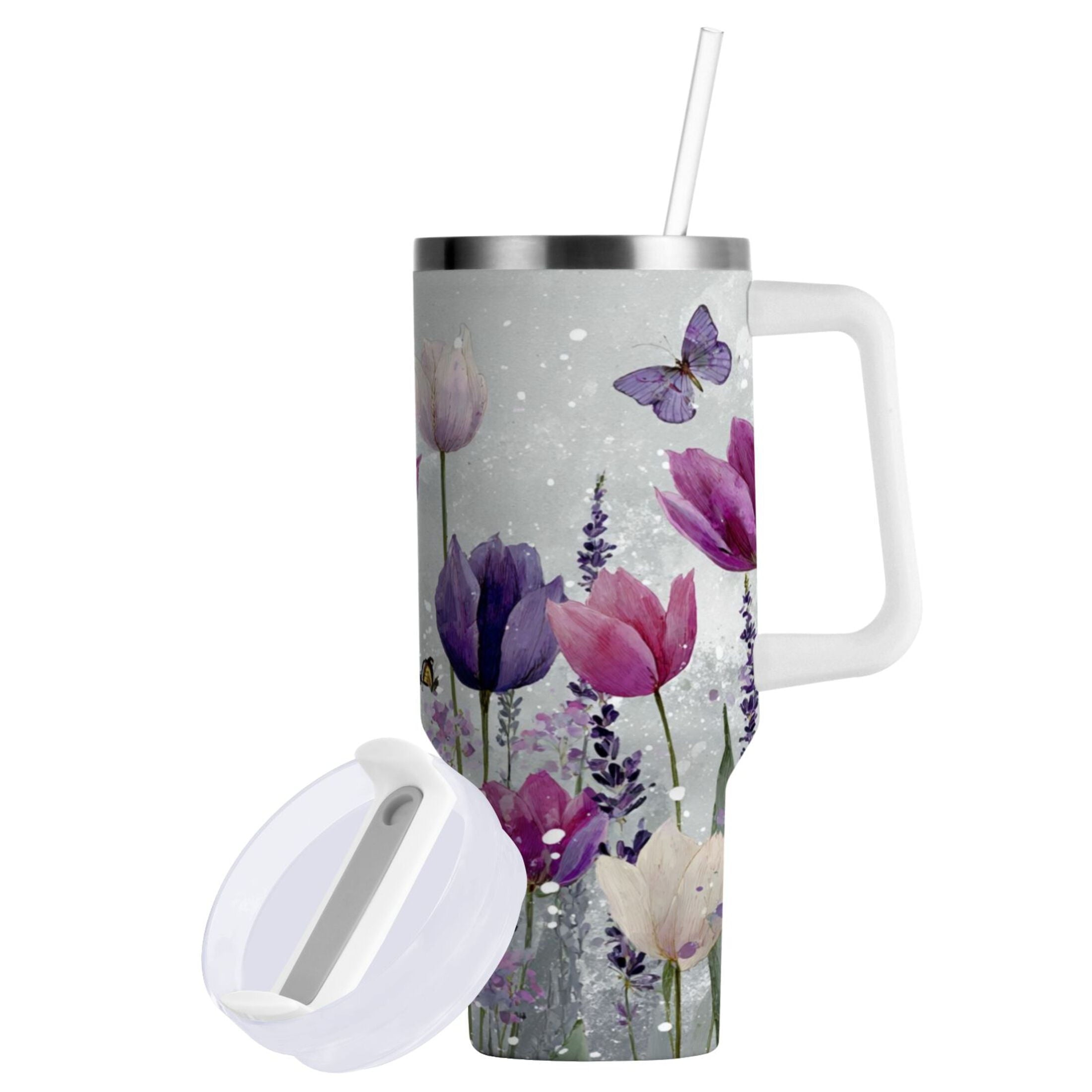 40 oz Insulated Stainless Steel Tumbler Double Wall Stainless Steel Tumbler with 2-Way Drinking Colorful Tulips and Lavender - Choice 580