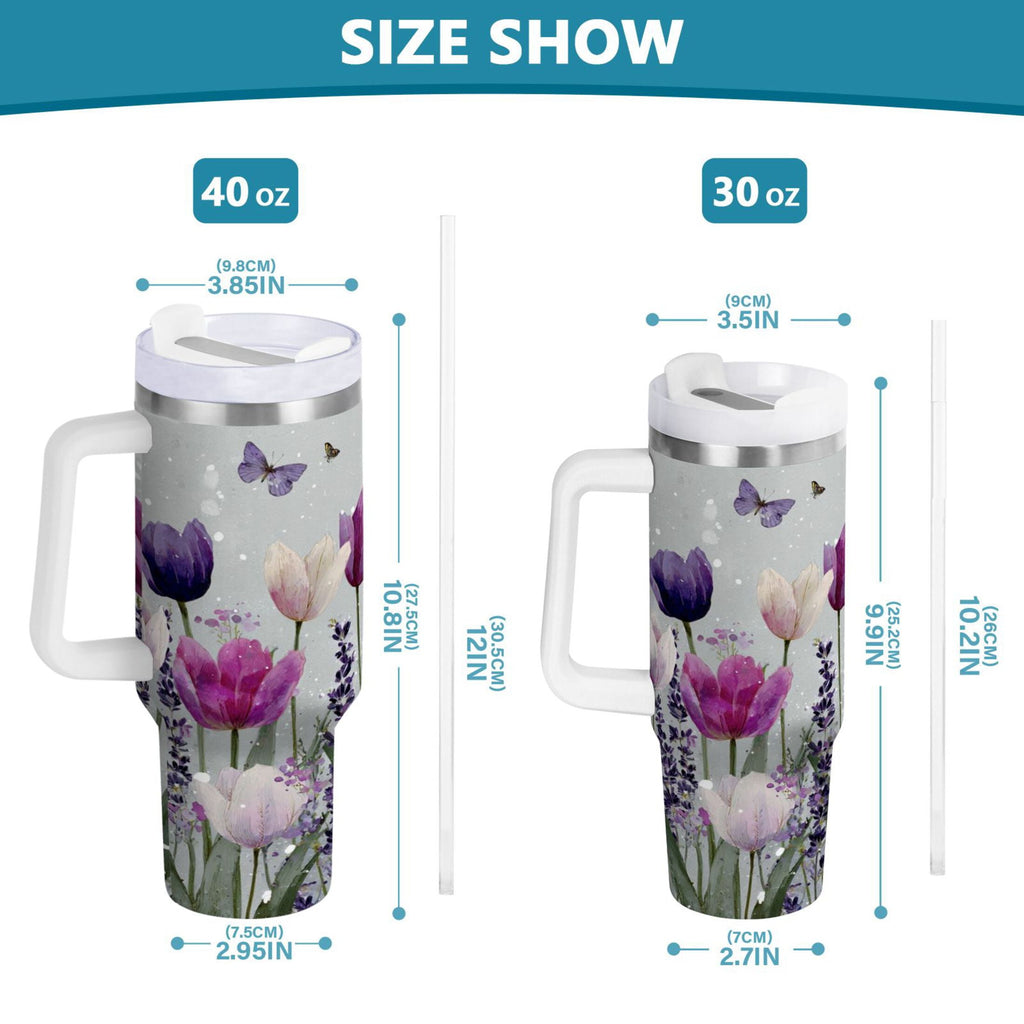 40 oz Insulated Stainless Steel Tumbler Double Wall Stainless Steel Tumbler with 2-Way Drinking Colorful Tulips and Lavender - Choice 580