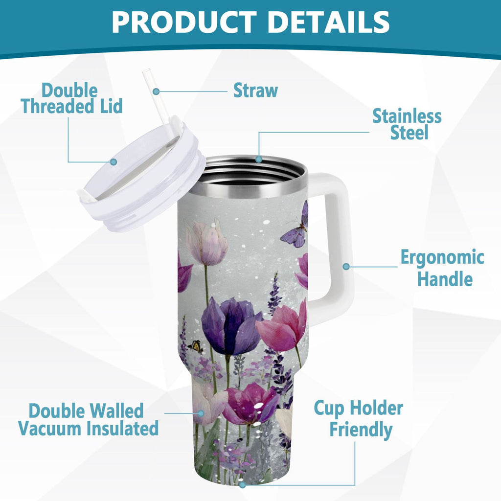 40 oz Insulated Stainless Steel Tumbler Double Wall Stainless Steel Tumbler with 2-Way Drinking Colorful Tulips and Lavender - Choice 580