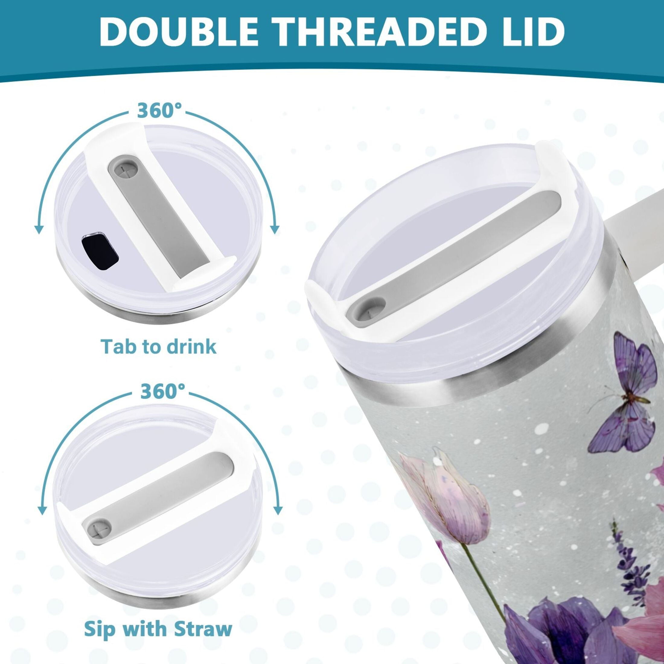 40 oz Insulated Stainless Steel Tumbler Double Wall Stainless Steel Tumbler with 2-Way Drinking Colorful Tulips and Lavender - Choice 580