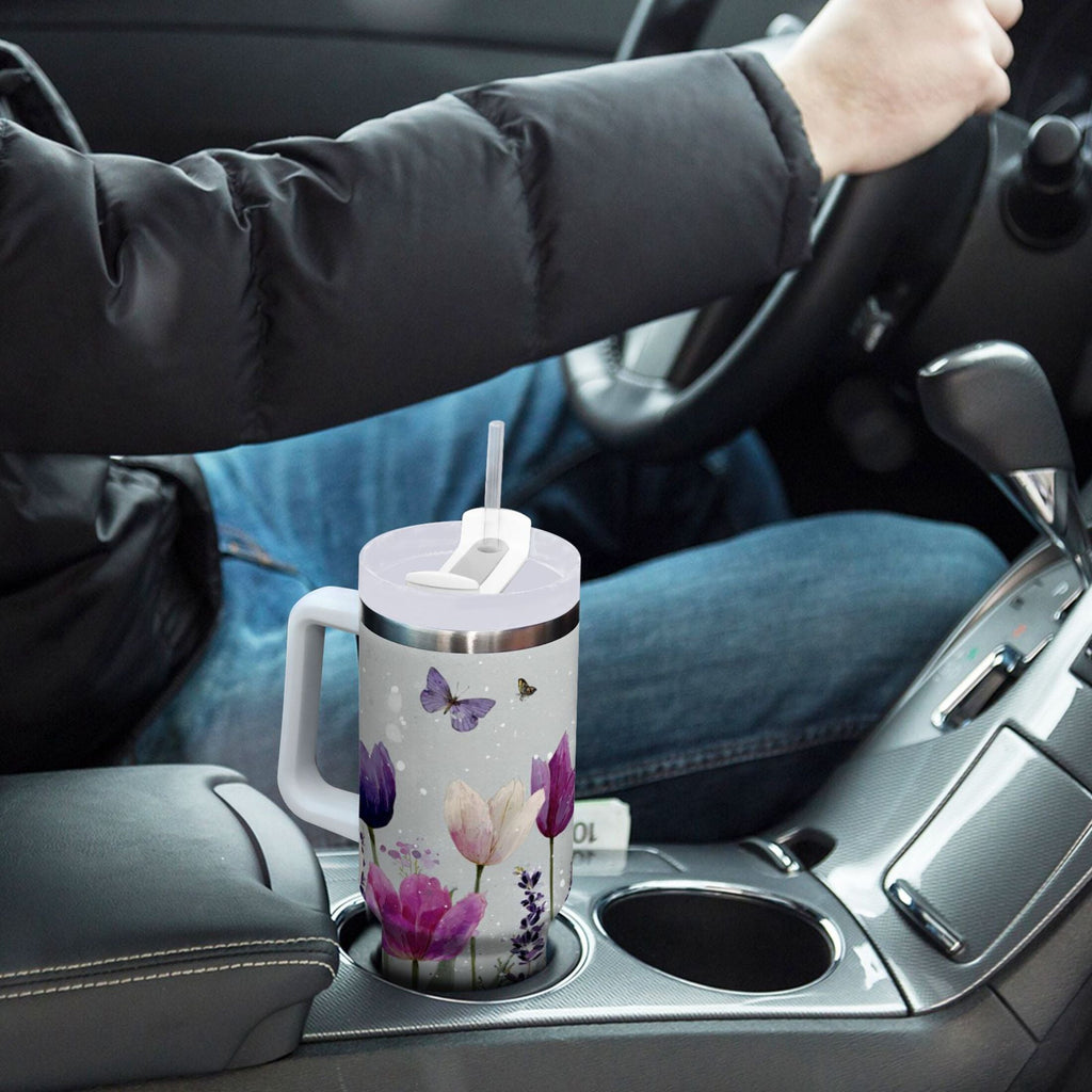 40 oz Insulated Stainless Steel Tumbler Double Wall Stainless Steel Tumbler with 2-Way Drinking Colorful Tulips and Lavender - Choice 580