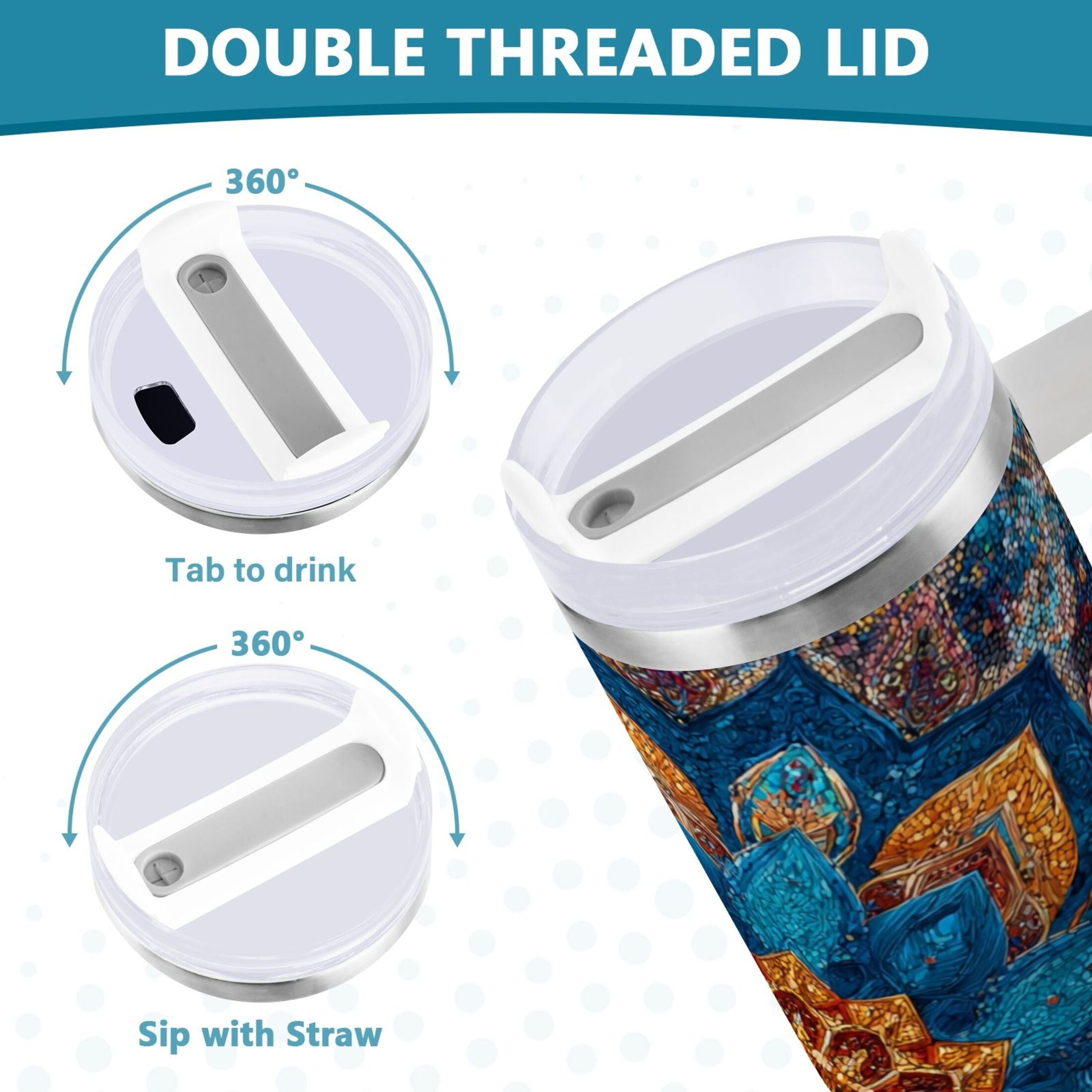 40 oz Insulated Stainless Steel Tumbler Double Wall Stainless Steel Tumbler with 2-Way Drinking Intricate Geometric Shapes - Choice 516