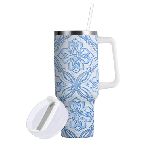 30 oz Insulated Stainless Steel Tumbler Double Wall Stainless Steel Tumbler with 2-Way Drinking Blue Elegant Geometric Design - Choice 477