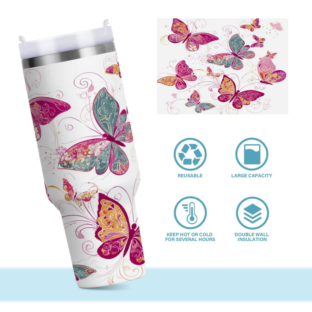 30 oz Insulated Stainless Steel Tumbler Double Wall Stainless Steel Tumbler with 2-Way Drinking Colorful Butterflies - Choice 575