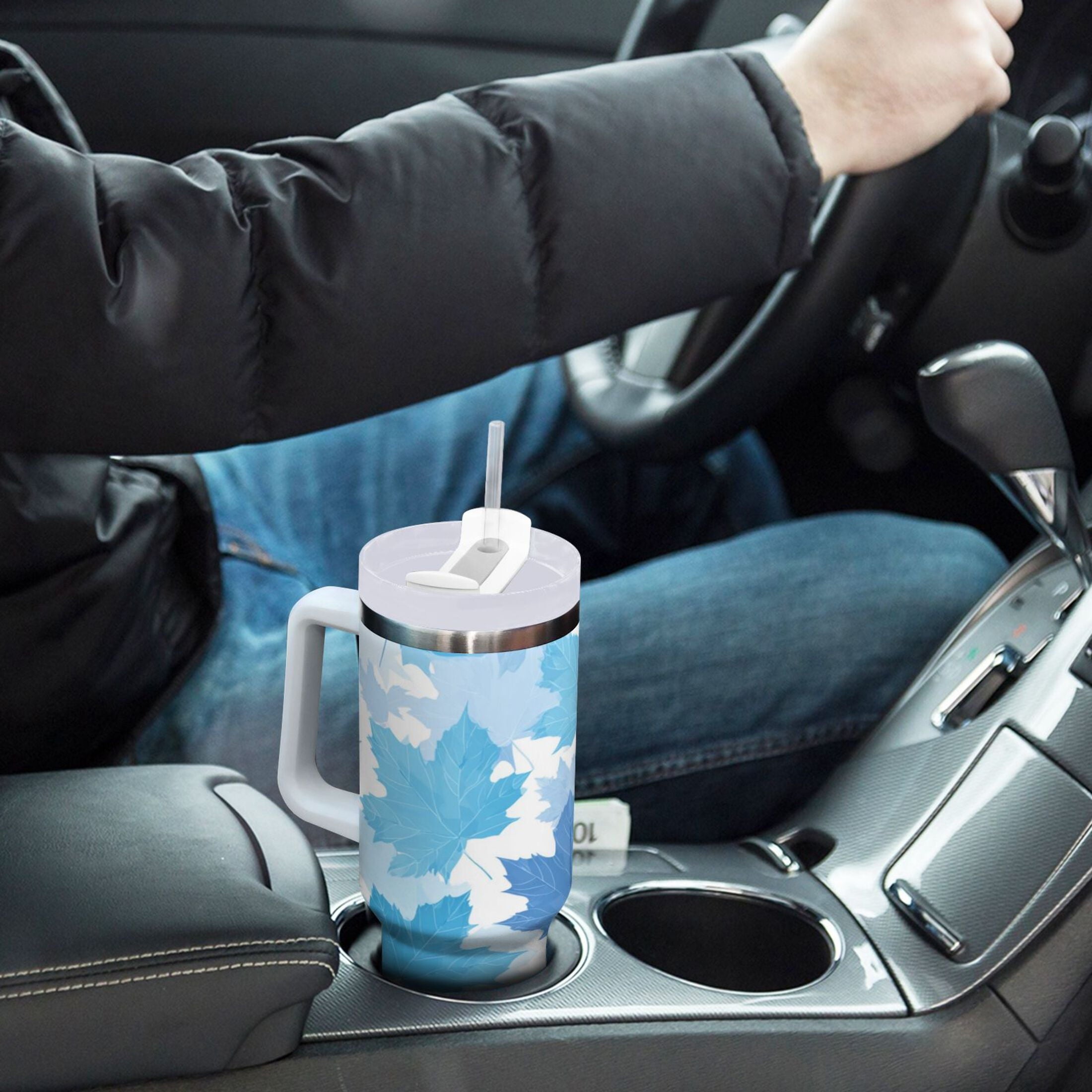 30 oz Insulated Stainless Steel Tumbler Double Wall Stainless Steel Tumbler with 2-Way Drinking Light Blue Maple Leaves - Choice 760