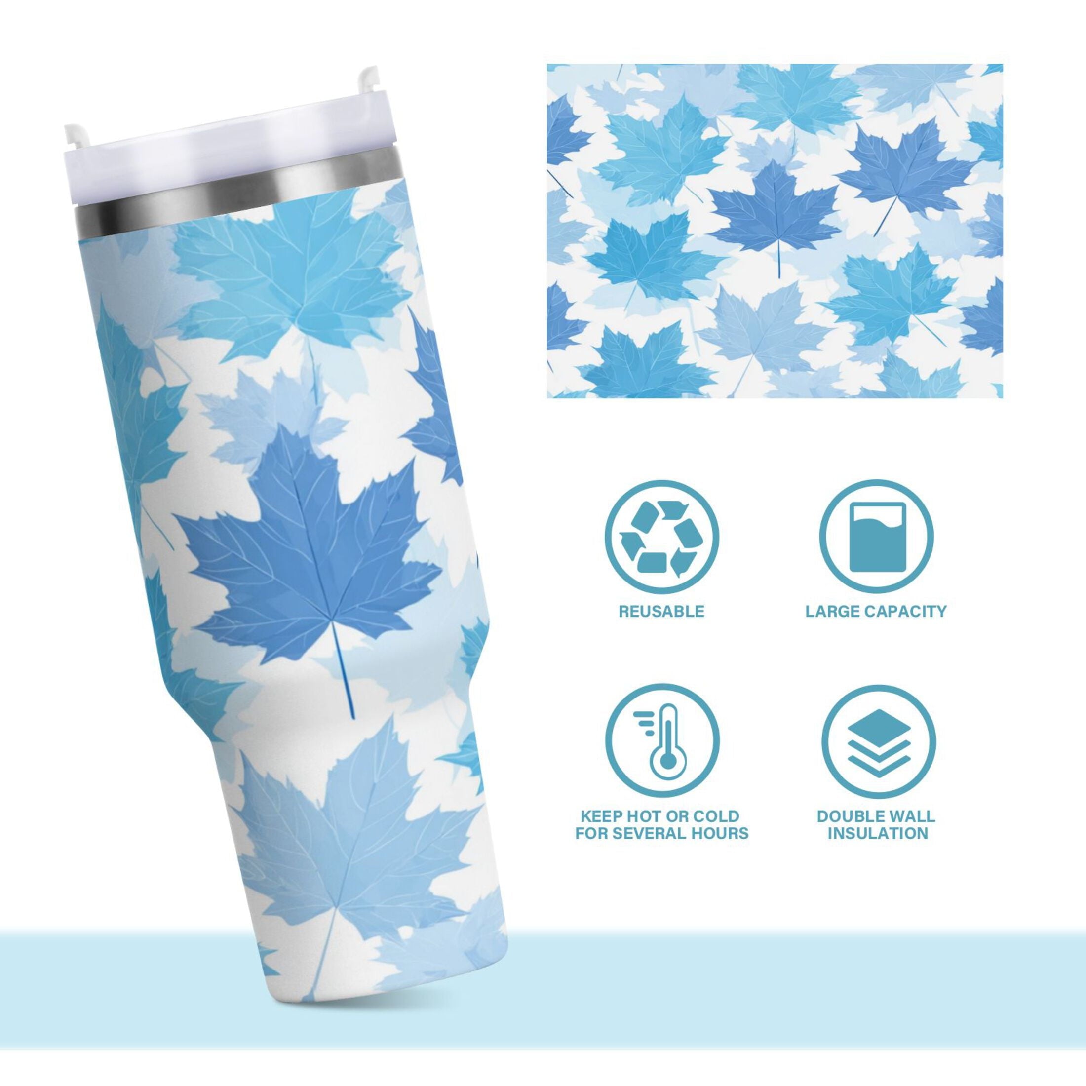 30 oz Insulated Stainless Steel Tumbler Double Wall Stainless Steel Tumbler with 2-Way Drinking Light Blue Maple Leaves - Choice 760
