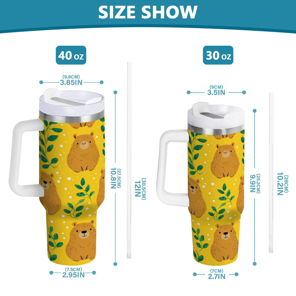 30 oz Insulated Stainless Steel Tumbler Double Wall Stainless Steel Tumbler with 2-Way Drinking Capybara and Green Leaves - Choice 877