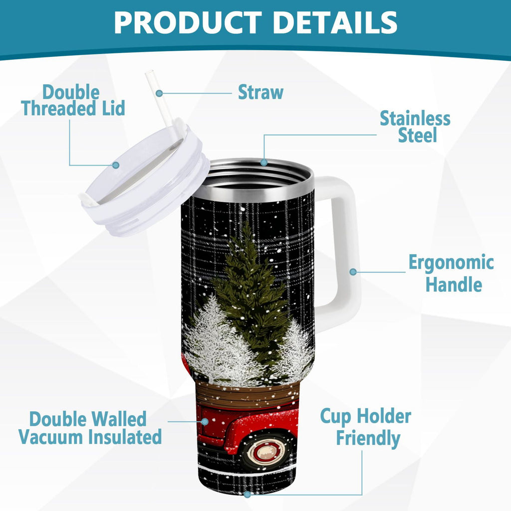 40 oz Insulated Stainless Steel Tumbler Double Wall Stainless Steel Tumbler with 2-Way Drinking Red Truck with Christmas Tree - Choice 687