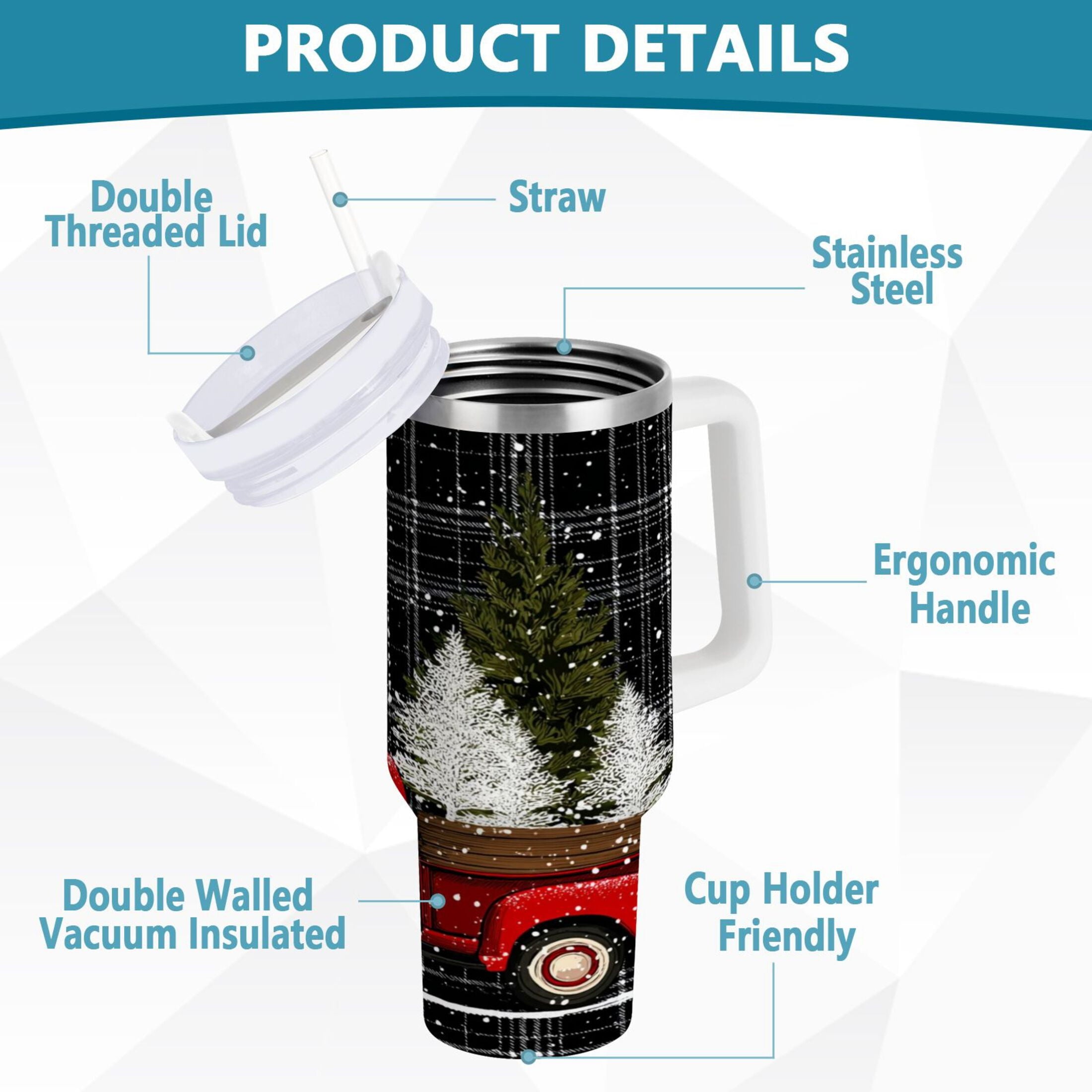 40 oz Insulated Stainless Steel Tumbler Double Wall Stainless Steel Tumbler with 2-Way Drinking Red Truck with Christmas Tree - Choice 687