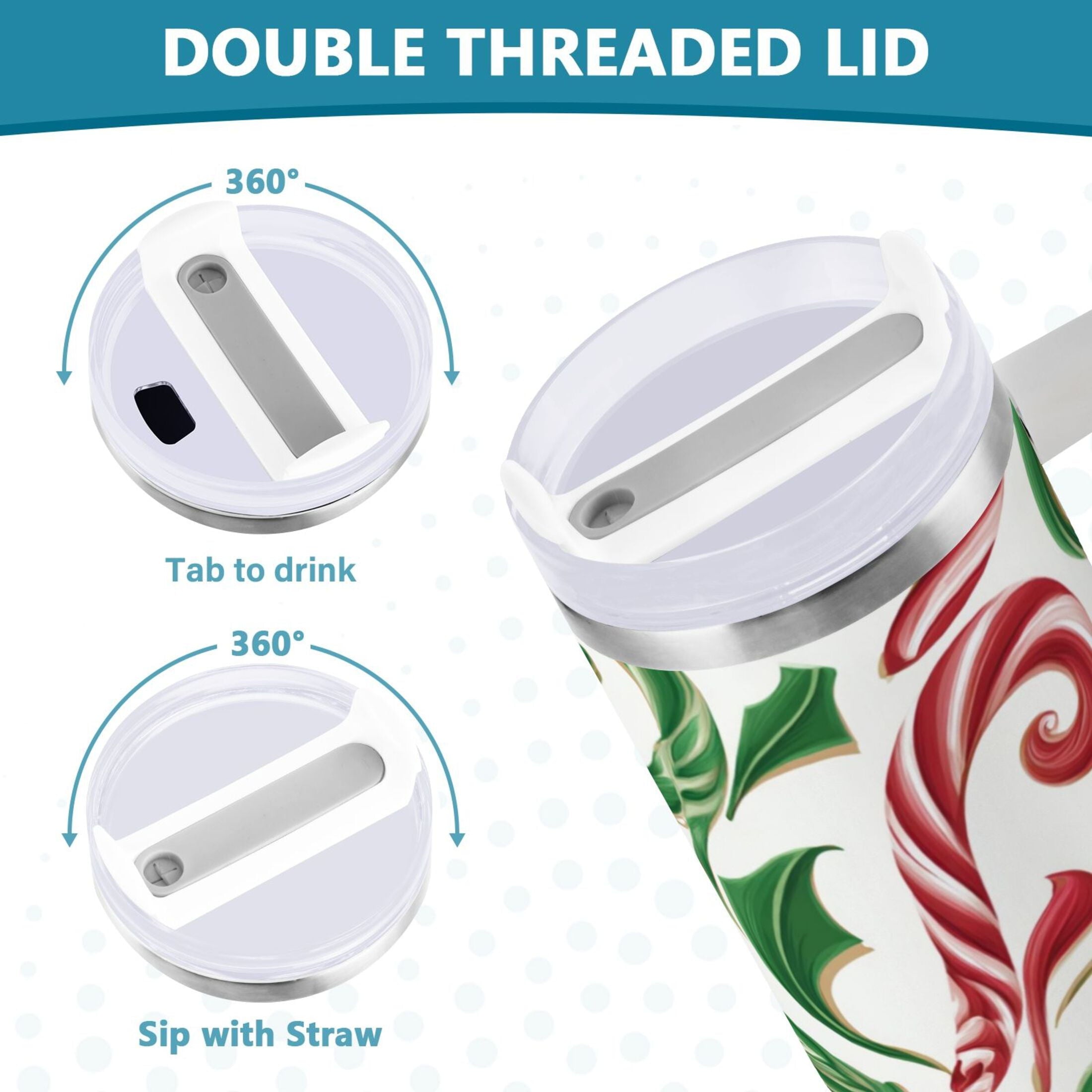 40 oz Insulated Stainless Steel Tumbler Double Wall Stainless Steel Tumbler with 2-Way Drinking Red and Green Candy-cane - Choice 817