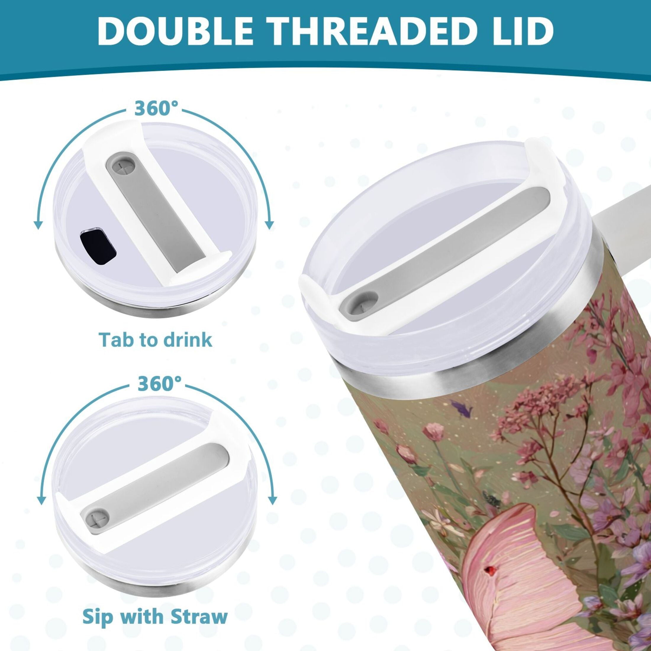 30 oz Insulated Stainless Steel Tumbler Double Wall Stainless Steel Tumbler with 2-Way Drinking Delicate Butterfly - Choice 876