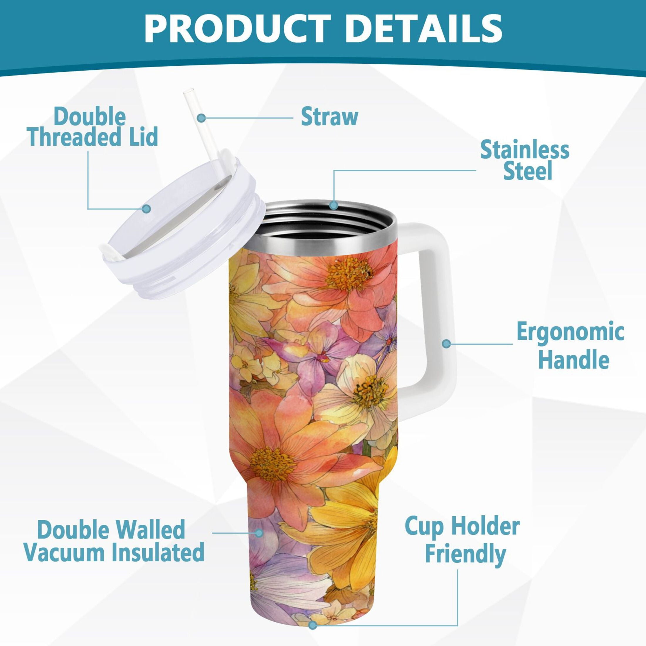 30 oz Insulated Stainless Steel Tumbler Double Wall Stainless Steel Tumbler with 2-Way Drinking Summer Blossoms - Choice 170