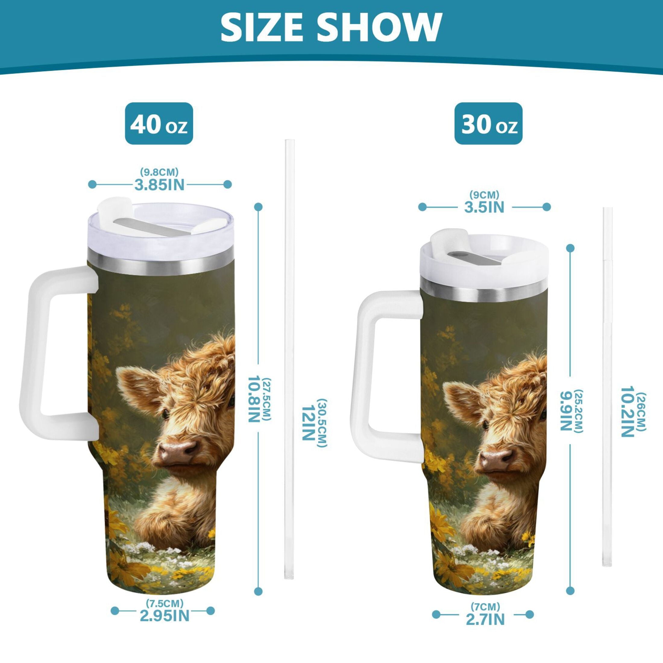 40 oz Insulated Stainless Steel Tumbler Double Wall Stainless Steel Tumbler with 2-Way Drinking Cow Lying in Sunflowers - Choice 453