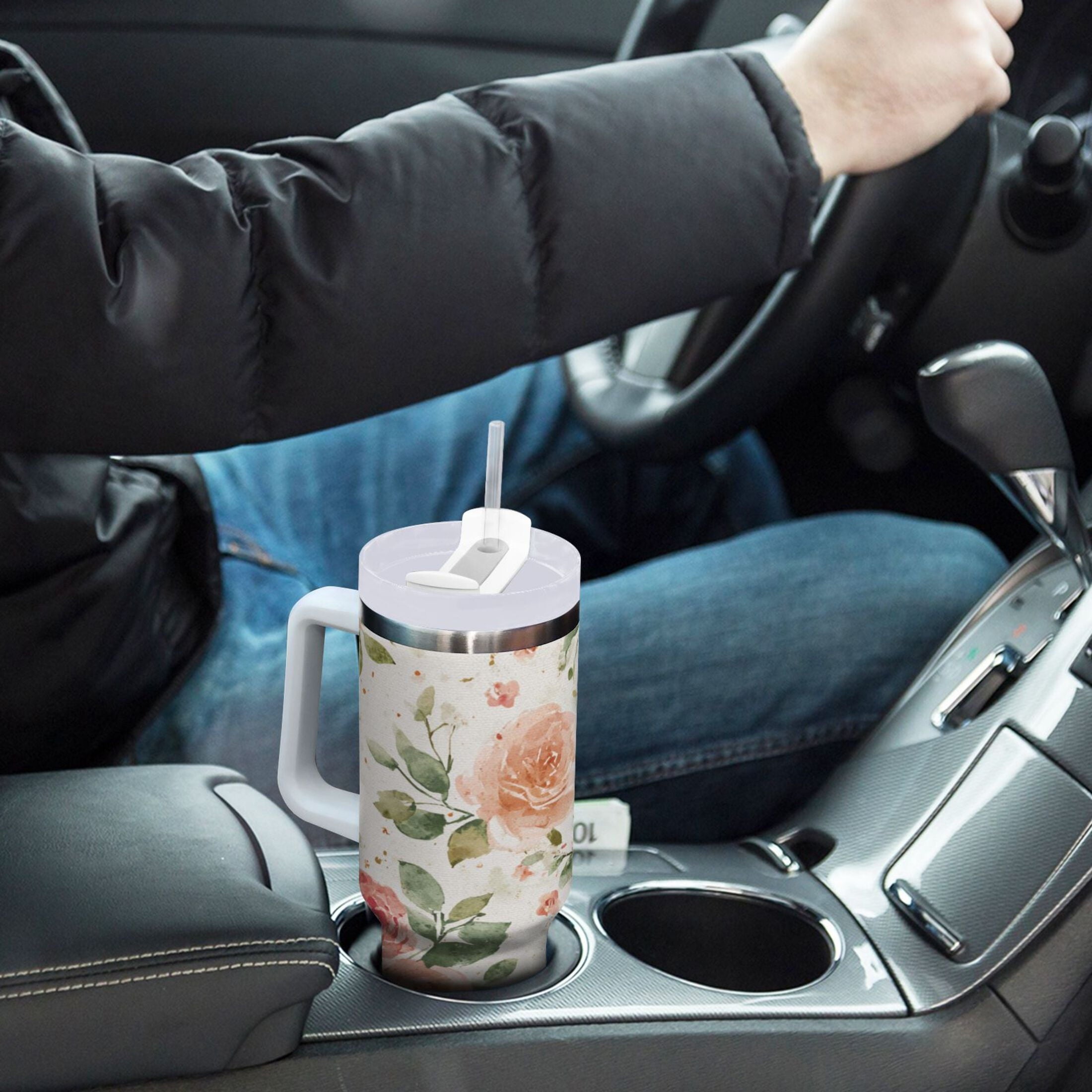 40 oz Insulated Stainless Steel Tumbler Double Wall Stainless Steel Tumbler with 2-Way Drinking Watercolor Rose Floral Pattern - Choice 233