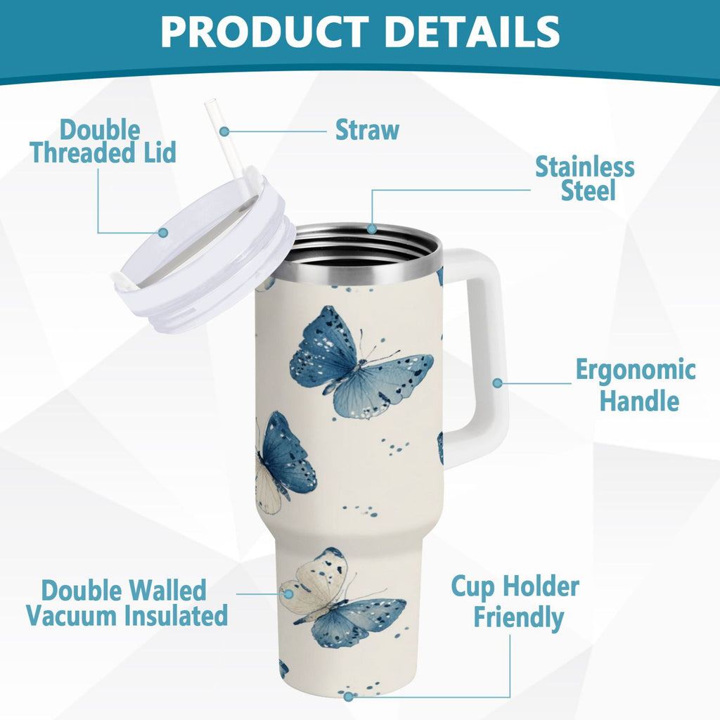 30 oz Insulated Stainless Steel Tumbler Double Wall Stainless Steel Tumbler with 2-Way Drinking Blue Watercolor Butterflies - Choice 605