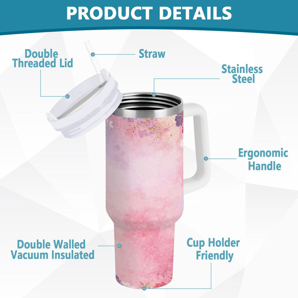 30 oz Insulated Stainless Steel Tumbler Double Wall Stainless Steel Tumbler with 2-Way Drinking Colorful Pastel Floral Pattern - Choice 348