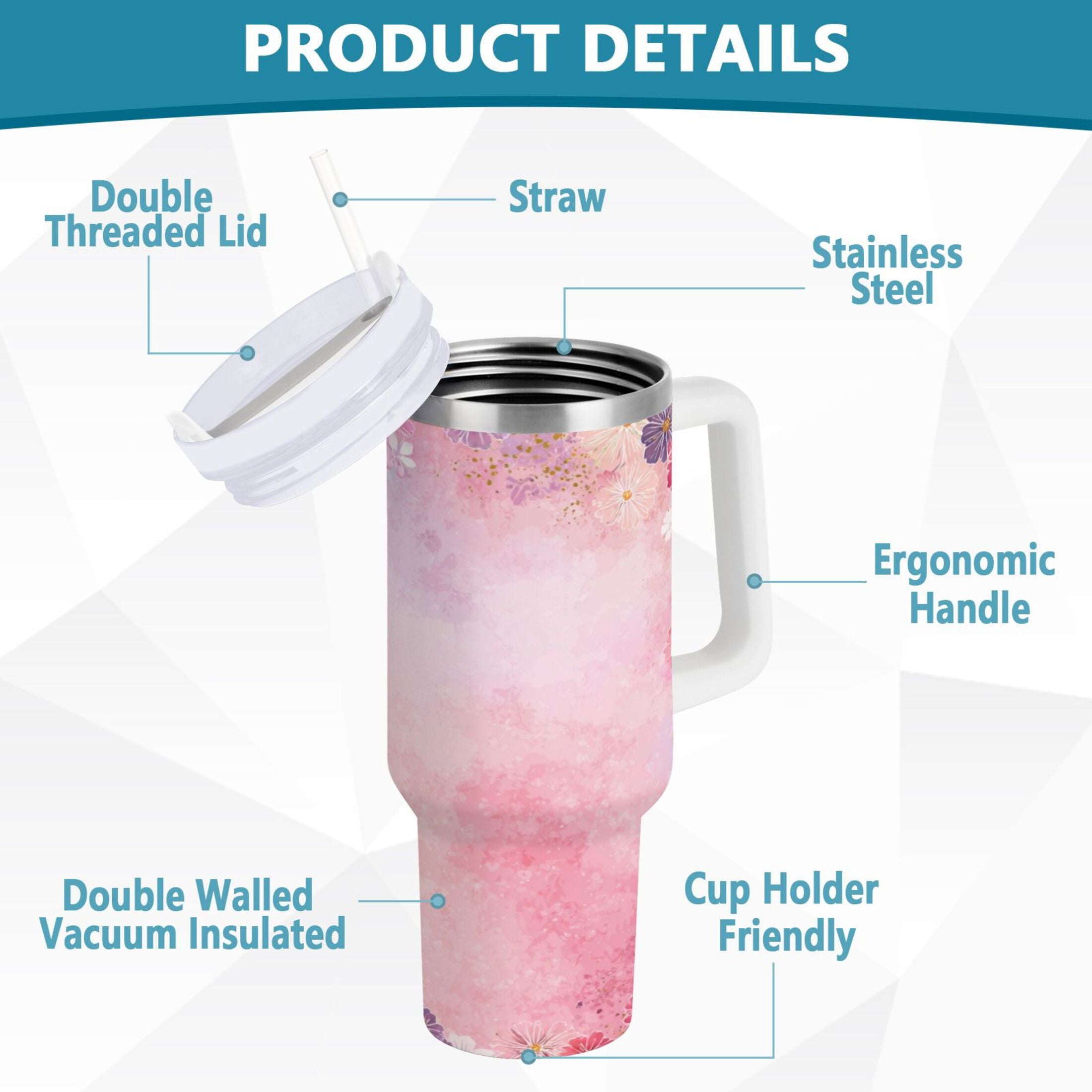 30 oz Insulated Stainless Steel Tumbler Double Wall Stainless Steel Tumbler with 2-Way Drinking Colorful Pastel Floral Pattern - Choice 348