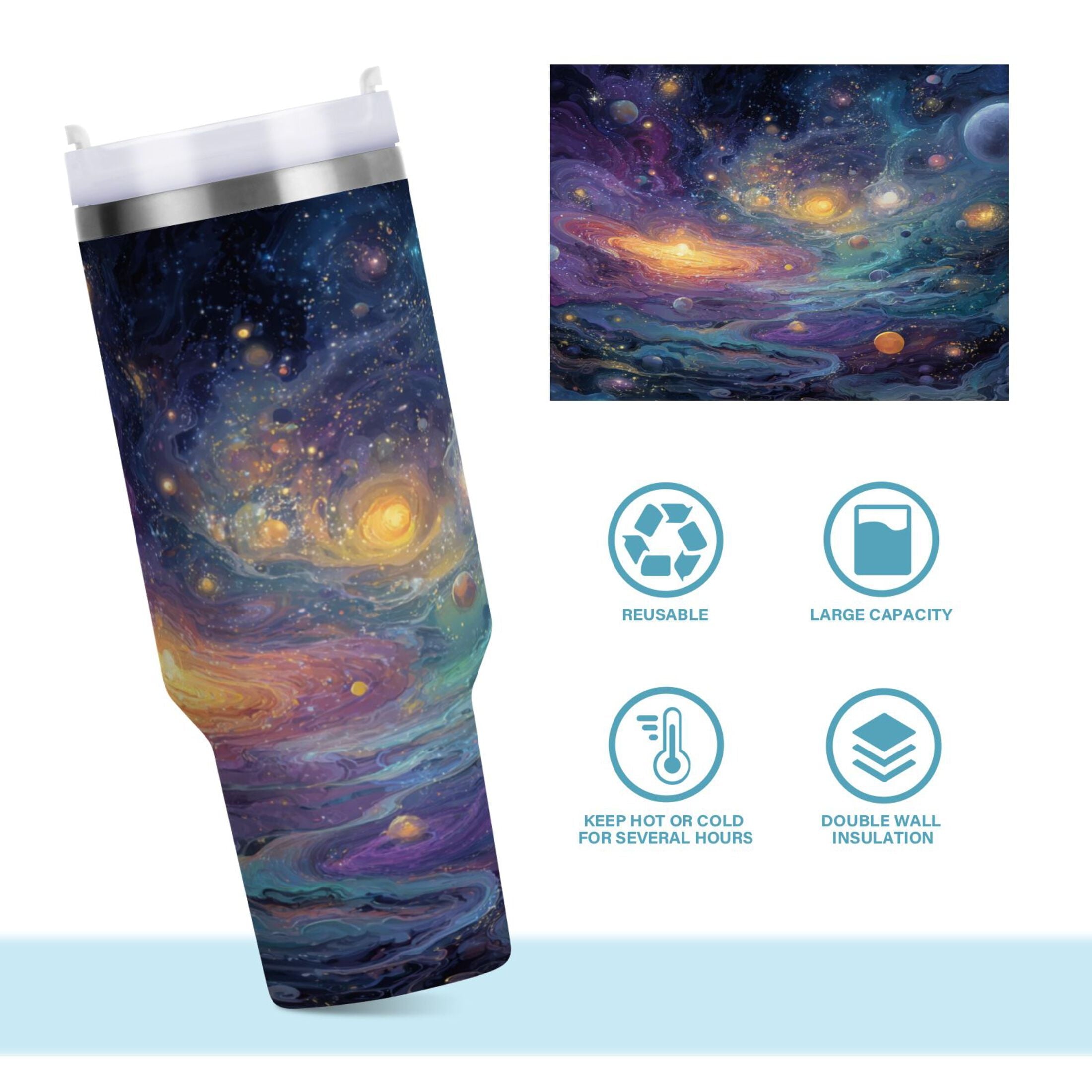 30 oz Insulated Stainless Steel Tumbler Double Wall Stainless Steel Tumbler with 2-Way Drinking Vibrant and Colorful Universe - Choice 387