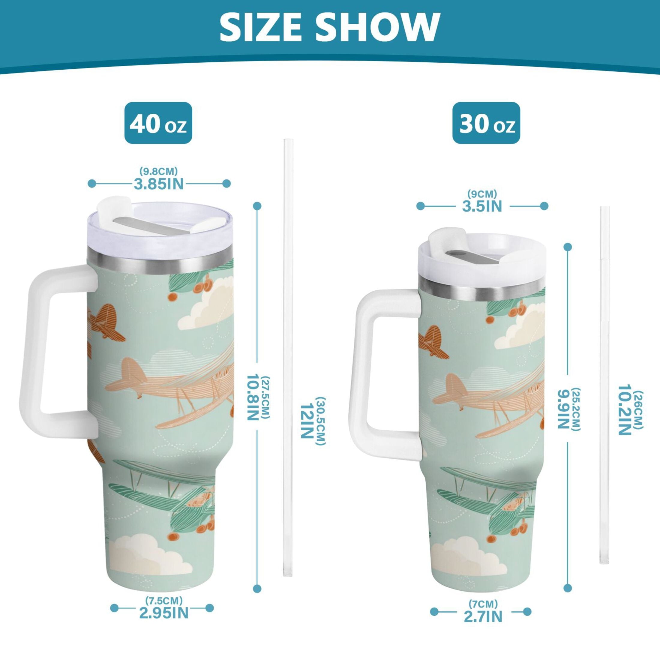 40 oz Insulated Stainless Steel Tumbler Double Wall Stainless Steel Tumbler with 2-Way Drinking Cute Airplanes - Choice 952