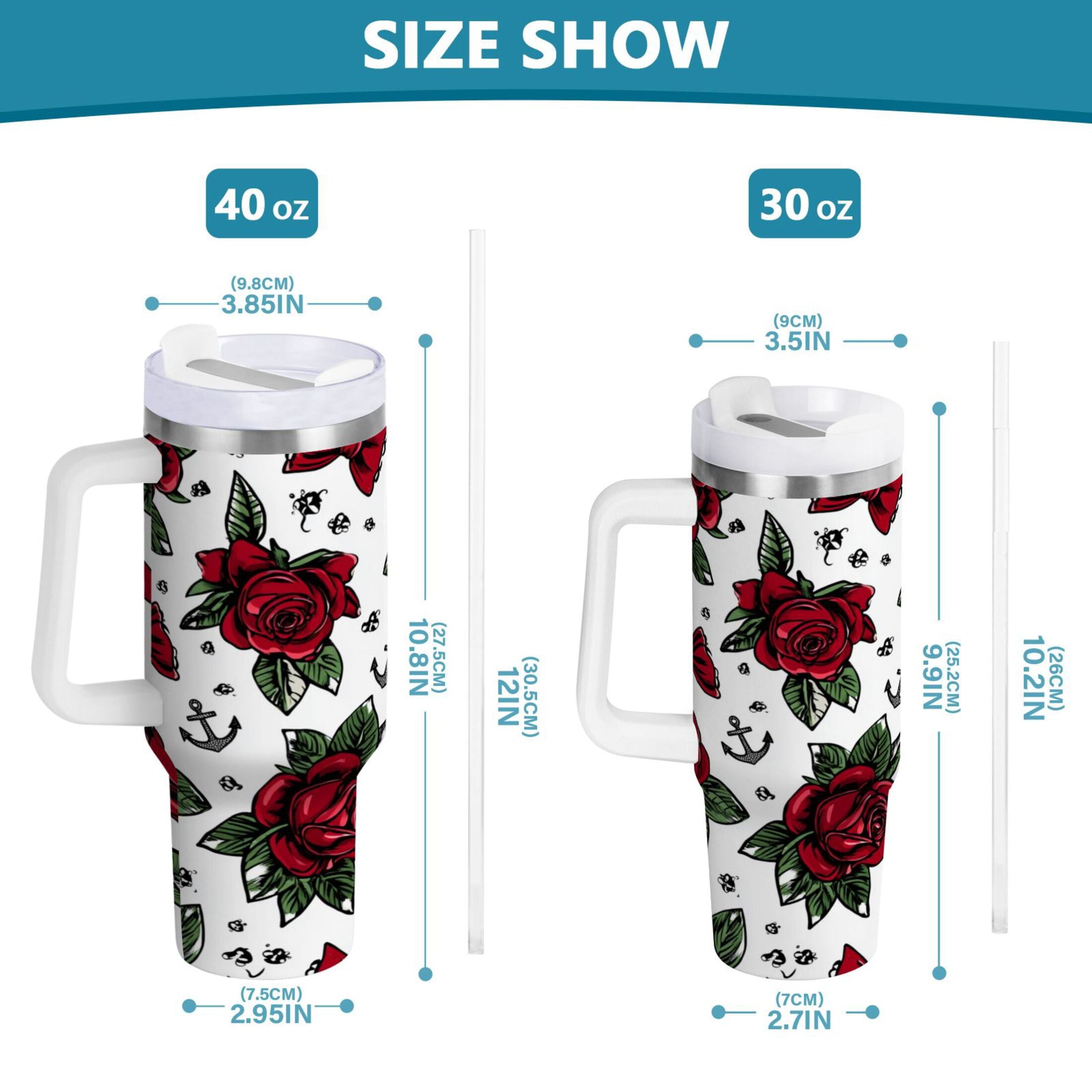 40 oz Insulated Stainless Steel Tumbler Double Wall Stainless Steel Tumbler with 2-Way Drinking Red Roses and Cherries - Choice 537