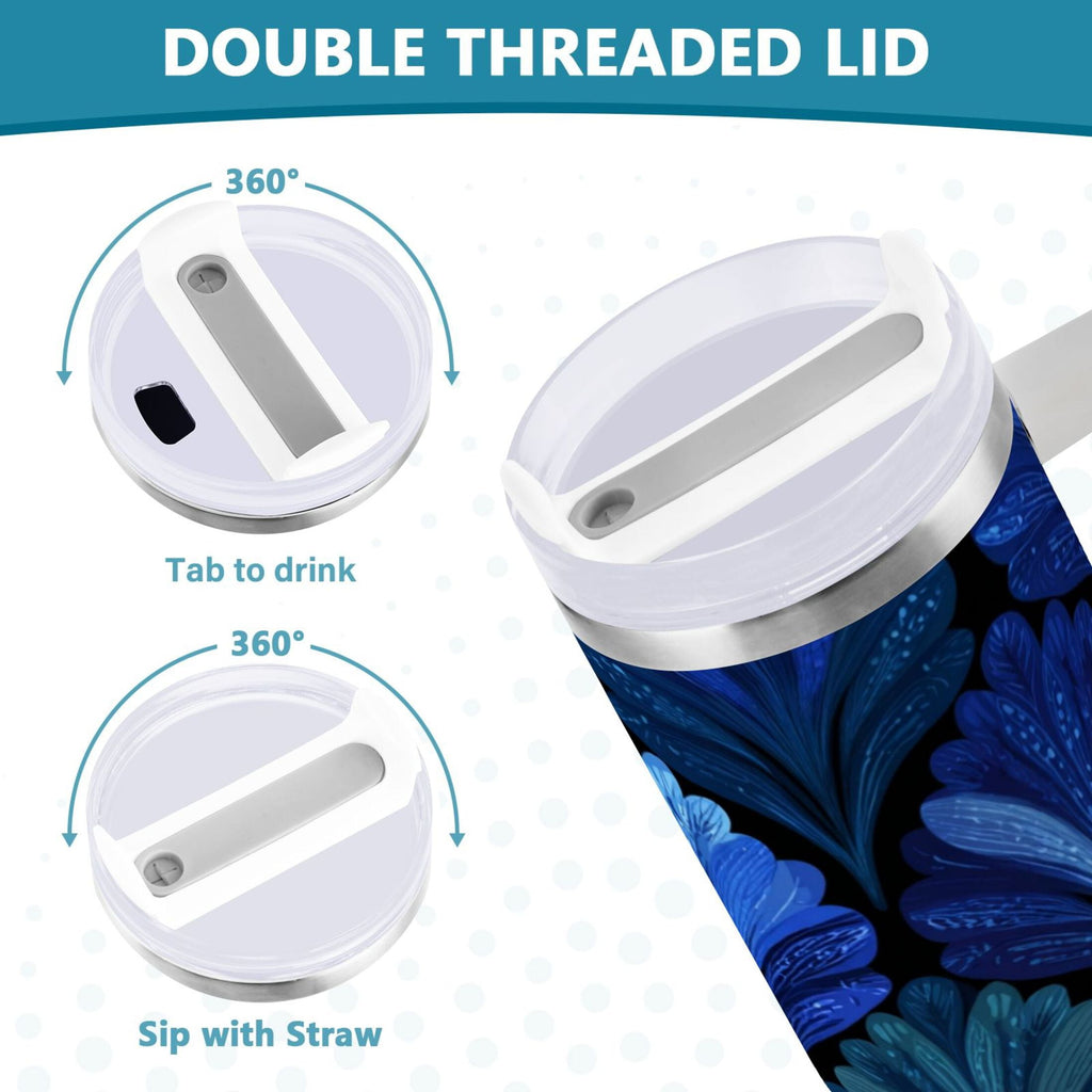 30 oz Insulated Stainless Steel Tumbler Double Wall Stainless Steel Tumbler with 2-Way Drinking Blue Batik Leaves Pattern - Choice 588