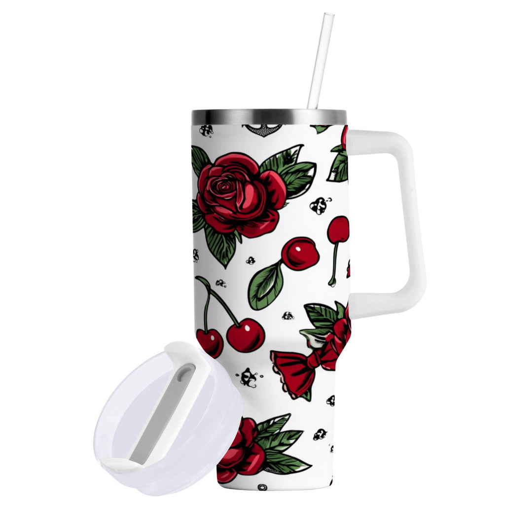 40 oz Insulated Stainless Steel Tumbler Double Wall Stainless Steel Tumbler with 2-Way Drinking Red Roses and Cherries - Choice 537