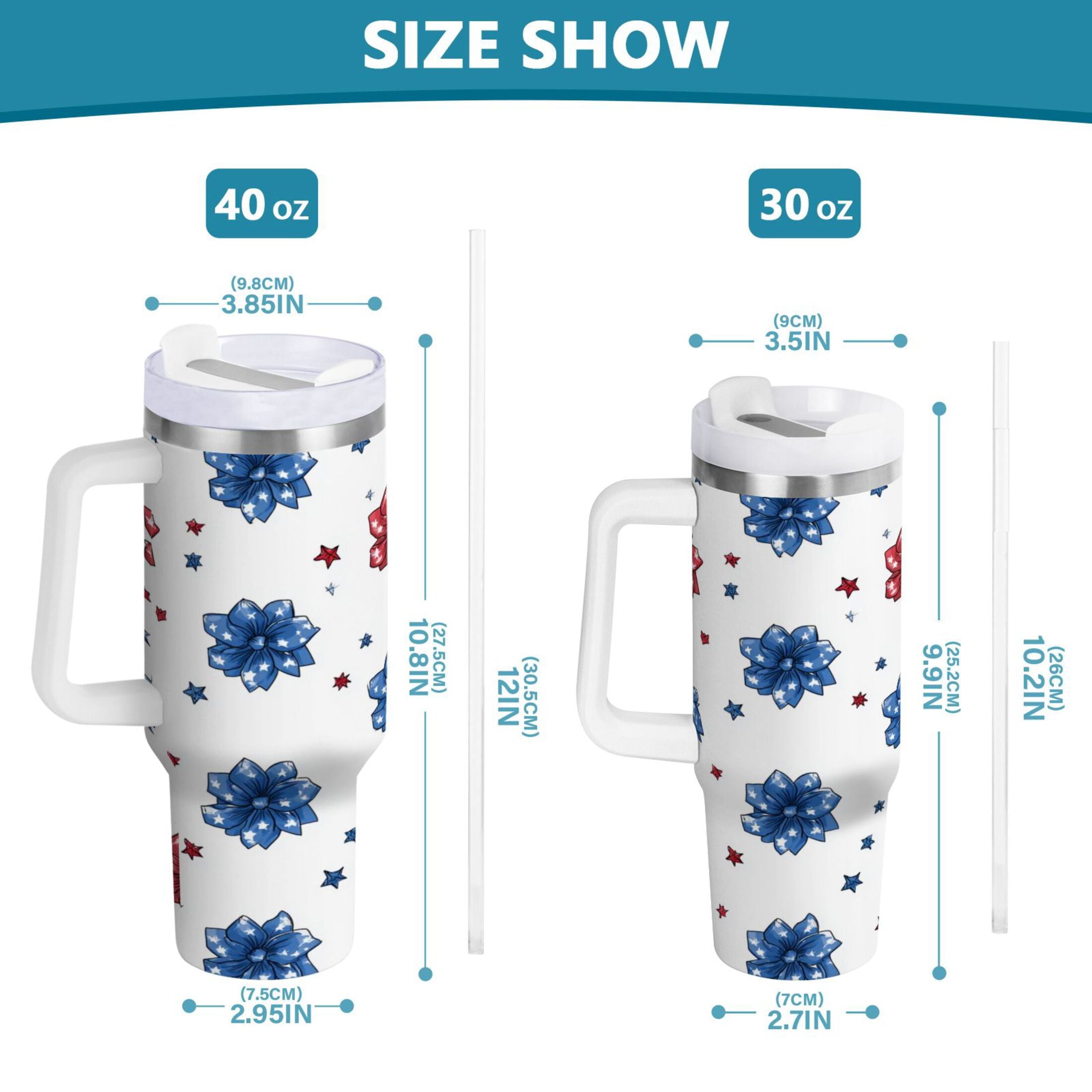 40 oz Insulated Stainless Steel Tumbler Double Wall Stainless Steel Tumbler with 2-Way Drinking Stars and Stripes Puttern Flower - Choice 209