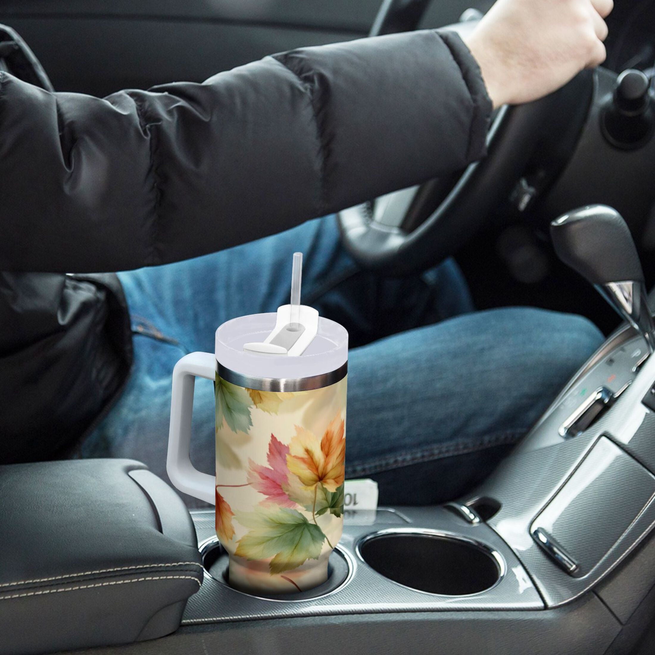 40 oz Insulated Stainless Steel Tumbler Double Wall Stainless Steel Tumbler with 2-Way Drinking Watercolor Maple Leaves Pattern - Choice 666
