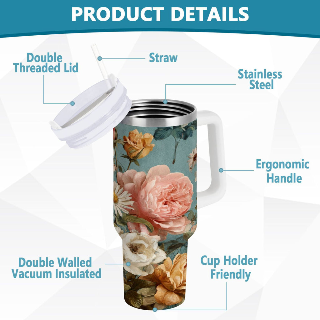 30 oz Insulated Stainless Steel Tumbler Double Wall Stainless Steel Tumbler with 2-Way Drinking Vintage Roses and Peonies - Choice 710