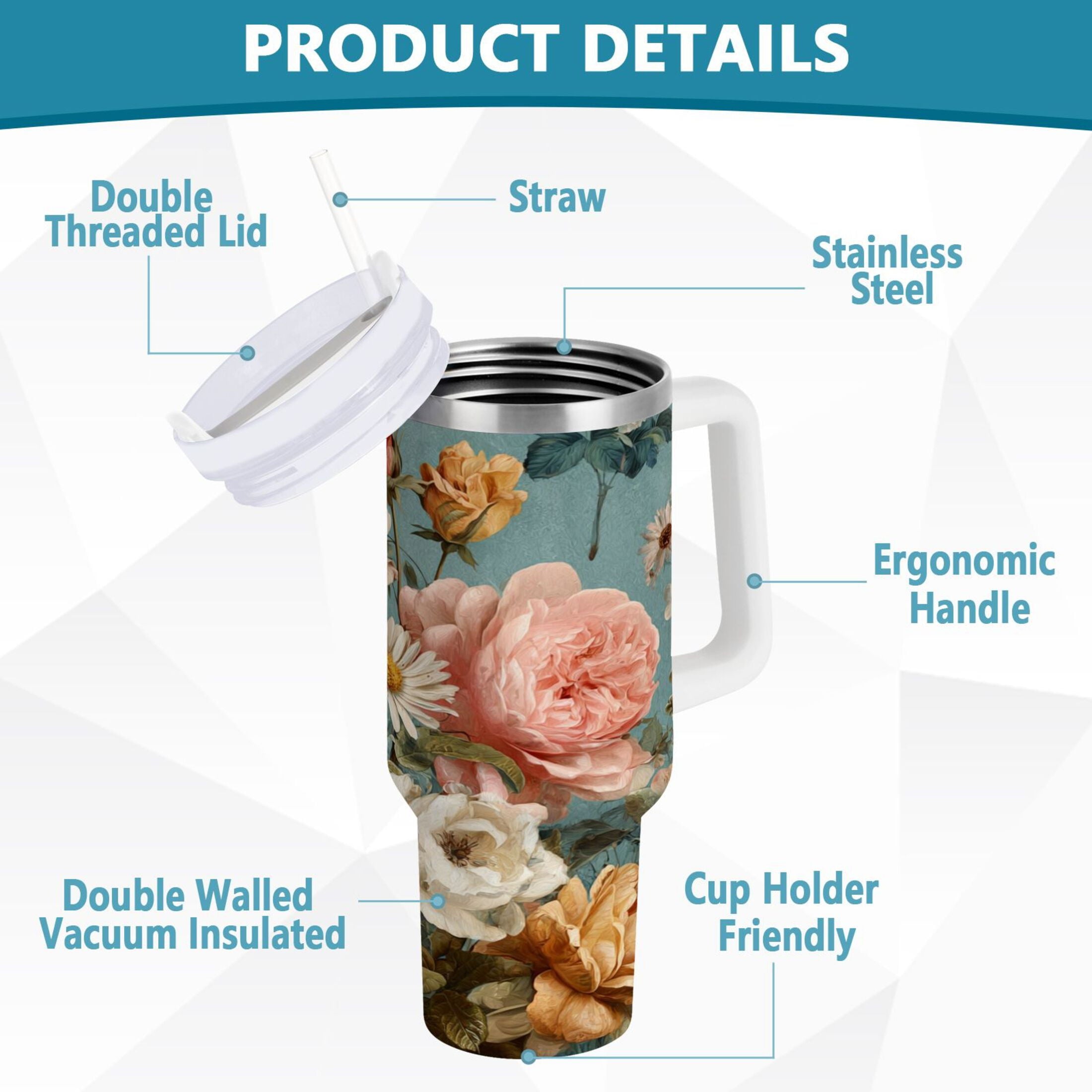 30 oz Insulated Stainless Steel Tumbler Double Wall Stainless Steel Tumbler with 2-Way Drinking Vintage Roses and Peonies - Choice 710