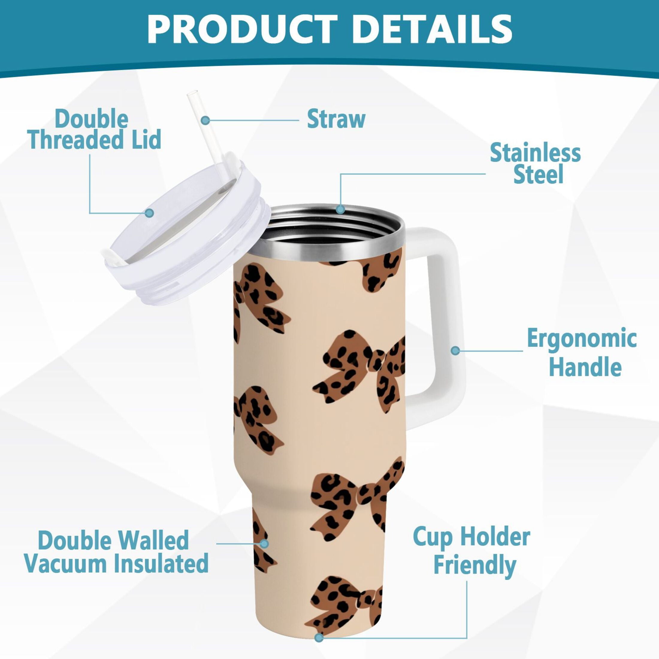 30 oz Insulated Stainless Steel Tumbler Double Wall Stainless Steel Tumbler with 2-Way Drinking Cute Brown Bow - Choice 476
