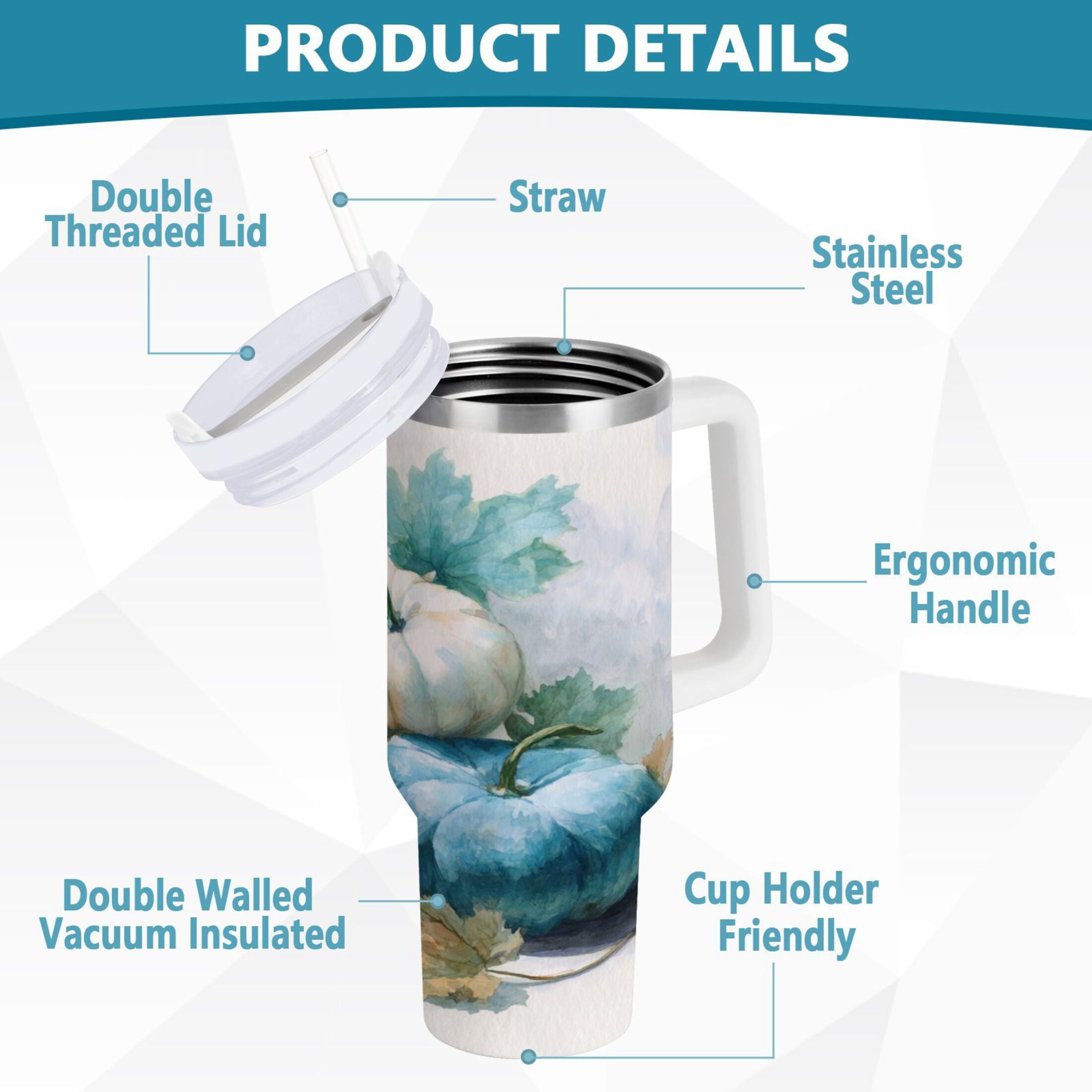 40 oz Insulated Stainless Steel Tumbler Double Wall Stainless Steel Tumbler with 2-Way Drinking Watercolor Pumpkins and Leaves - Choice 725