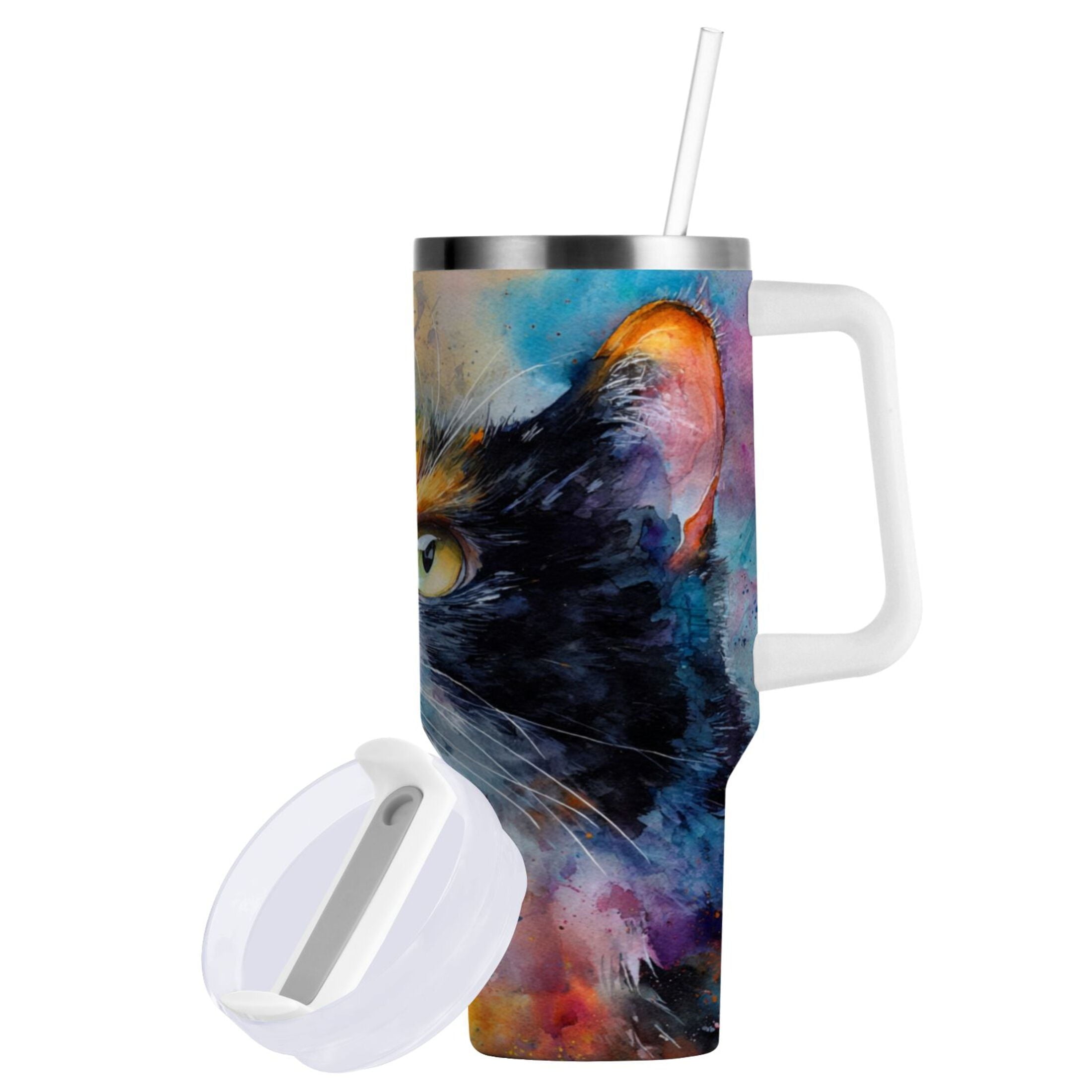 30 oz Insulated Stainless Steel Tumbler Double Wall Stainless Steel Tumbler with 2-Way Drinking Watercolor Calico Cat - Choice 819