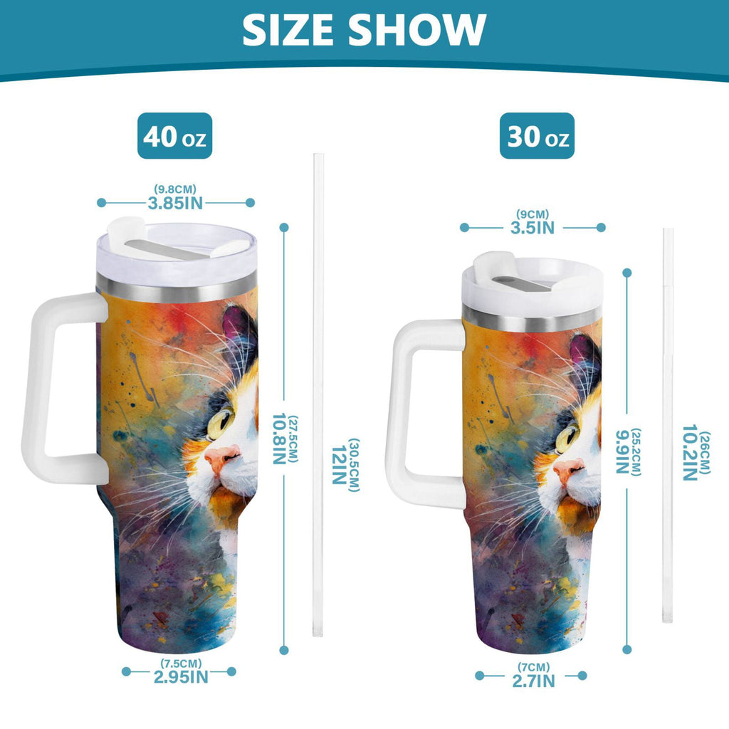 30 oz Insulated Stainless Steel Tumbler Double Wall Stainless Steel Tumbler with 2-Way Drinking Watercolor Calico Cat - Choice 819