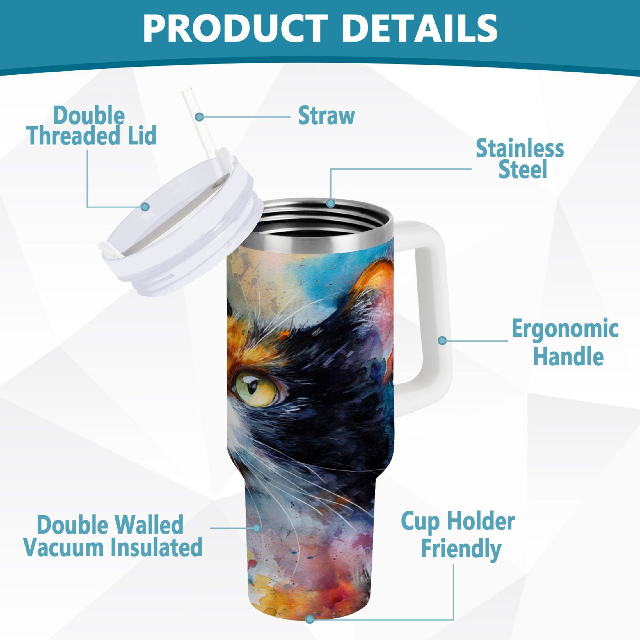 30 oz Insulated Stainless Steel Tumbler Double Wall Stainless Steel Tumbler with 2-Way Drinking Watercolor Calico Cat - Choice 819