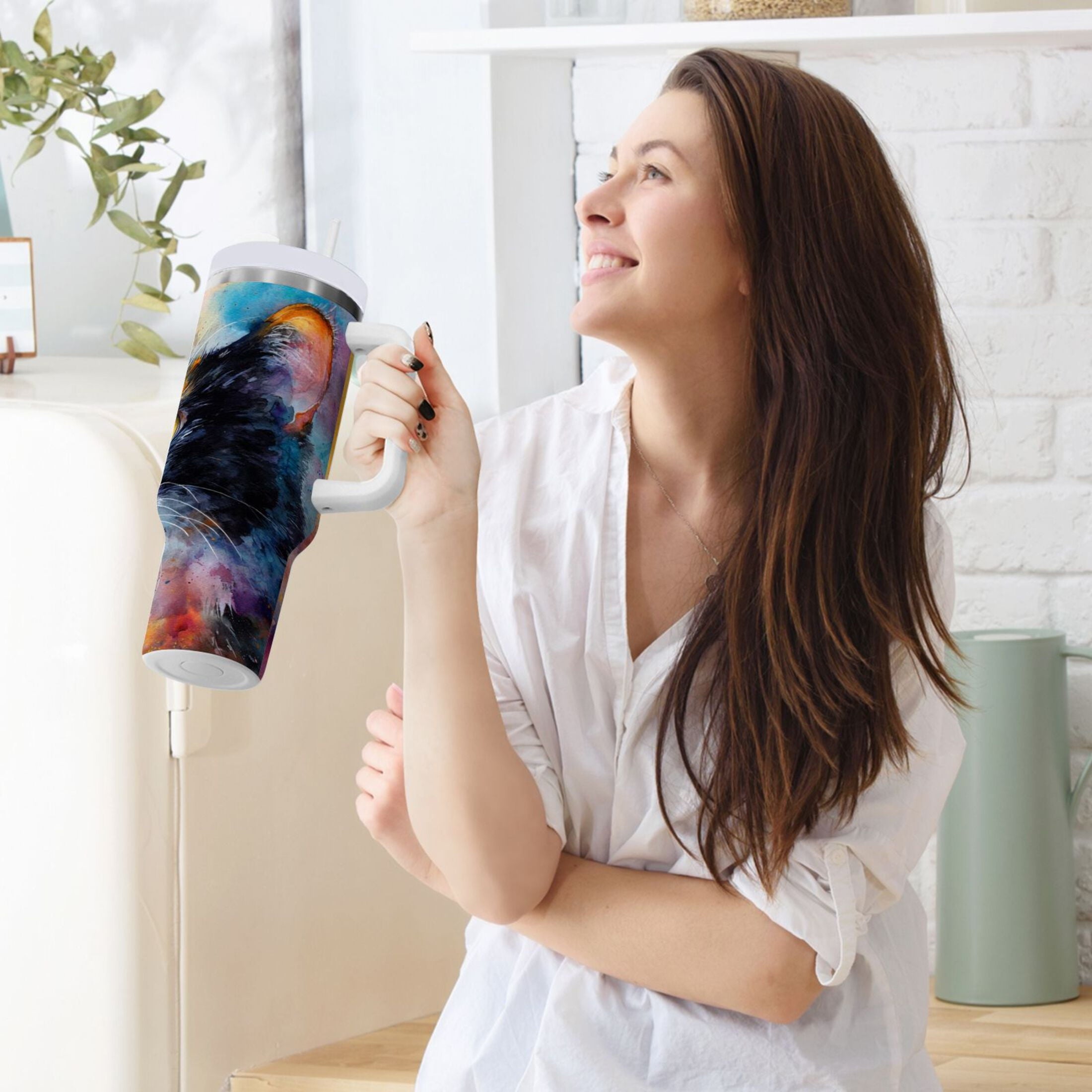 30 oz Insulated Stainless Steel Tumbler Double Wall Stainless Steel Tumbler with 2-Way Drinking Watercolor Calico Cat - Choice 819