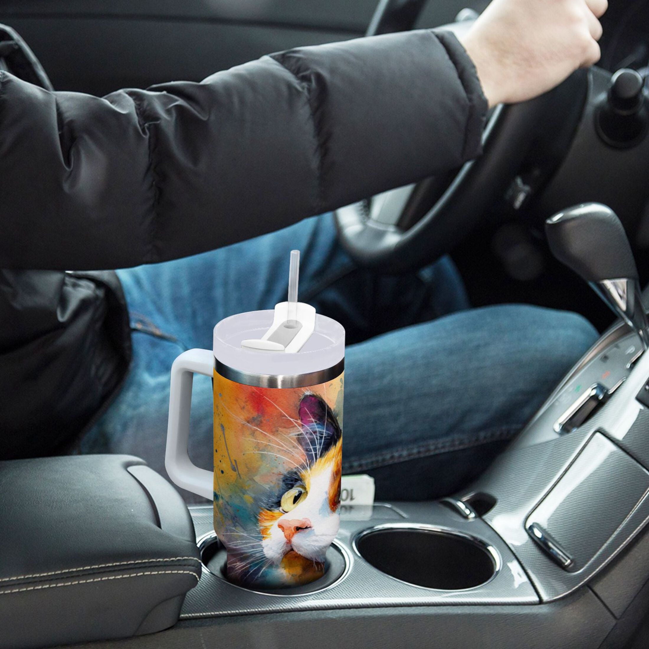 30 oz Insulated Stainless Steel Tumbler Double Wall Stainless Steel Tumbler with 2-Way Drinking Watercolor Calico Cat - Choice 819