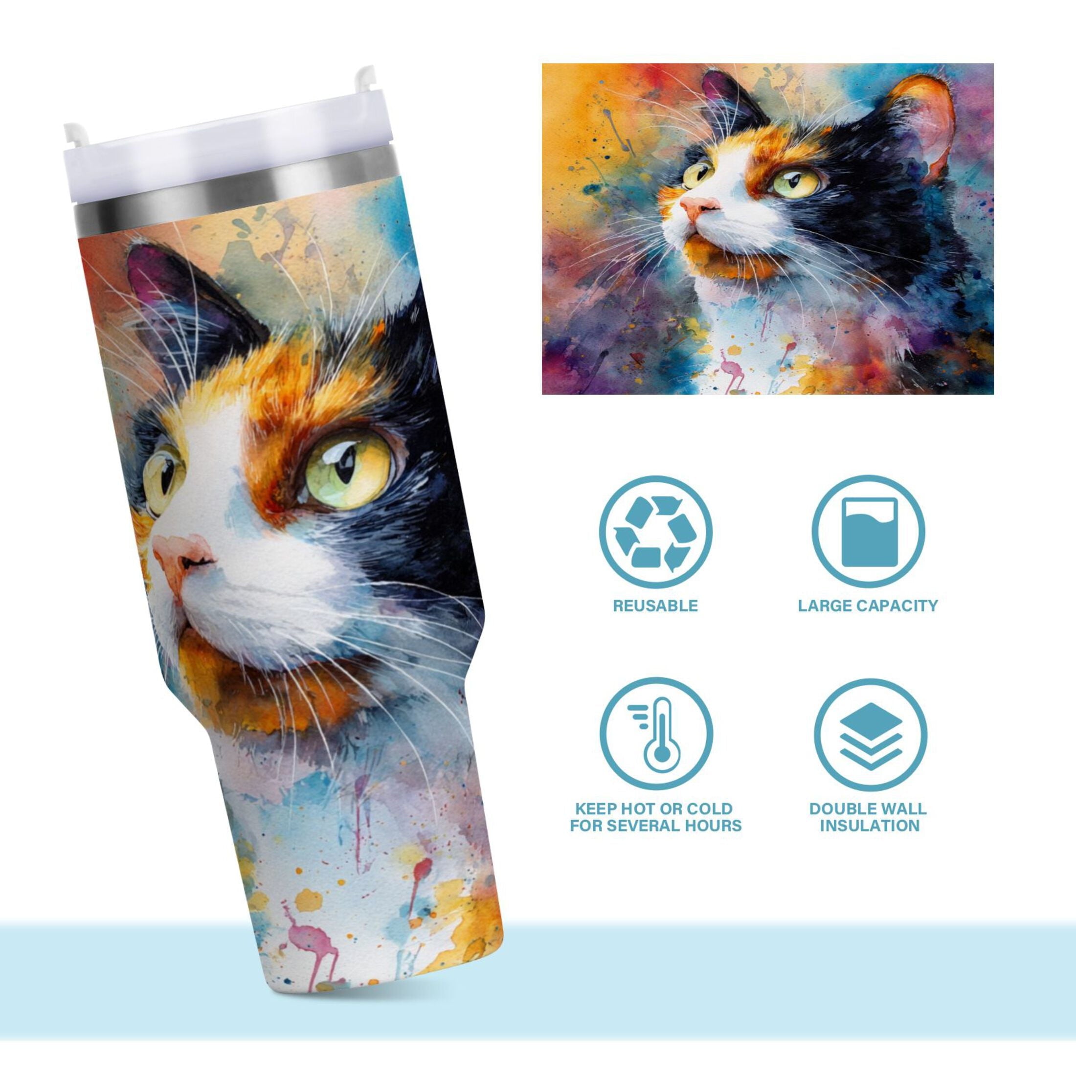 30 oz Insulated Stainless Steel Tumbler Double Wall Stainless Steel Tumbler with 2-Way Drinking Watercolor Calico Cat - Choice 819