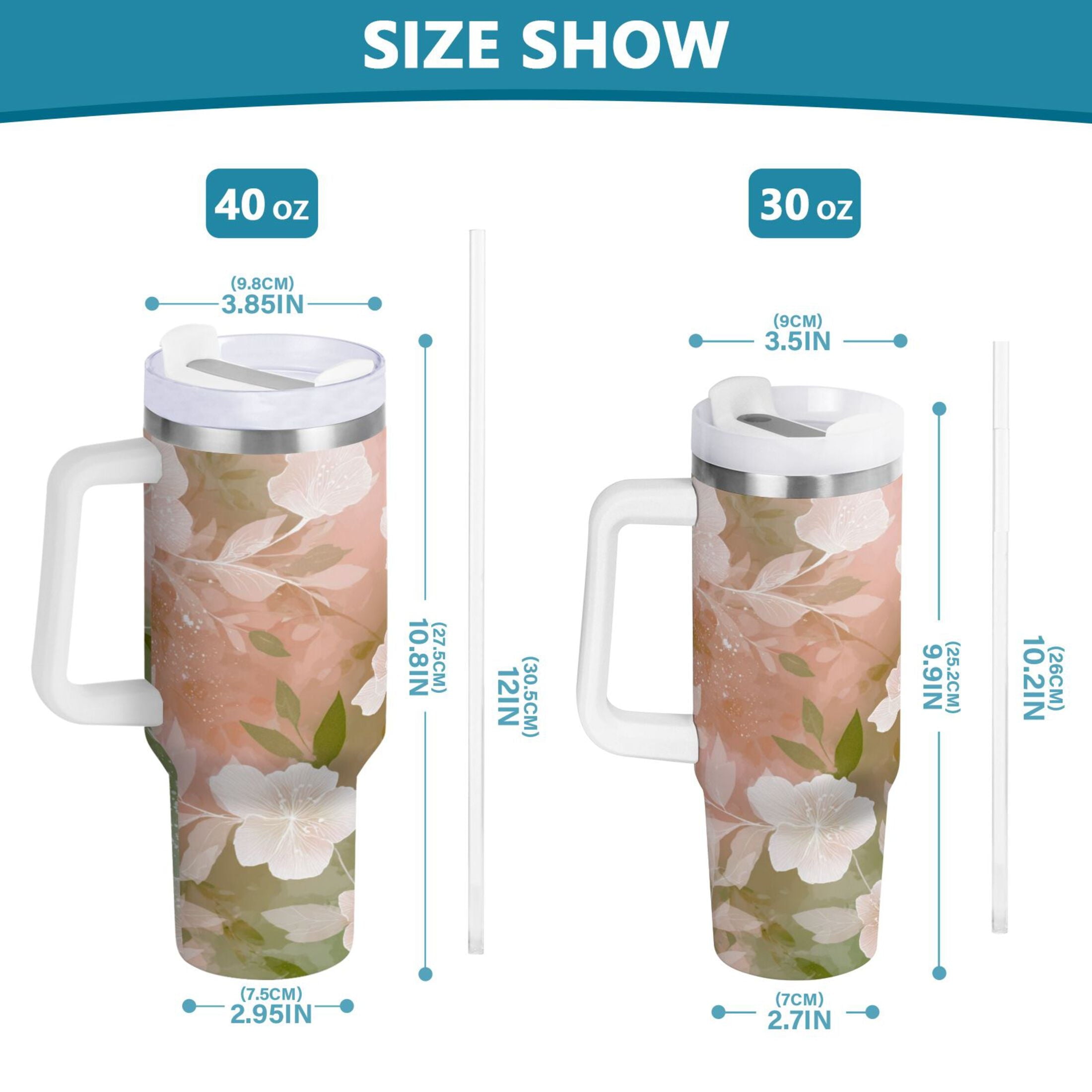 30 oz Insulated Stainless Steel Tumbler Double Wall Stainless Steel Tumbler with 2-Way Drinking Gradient Elegant Floral - Choice 127