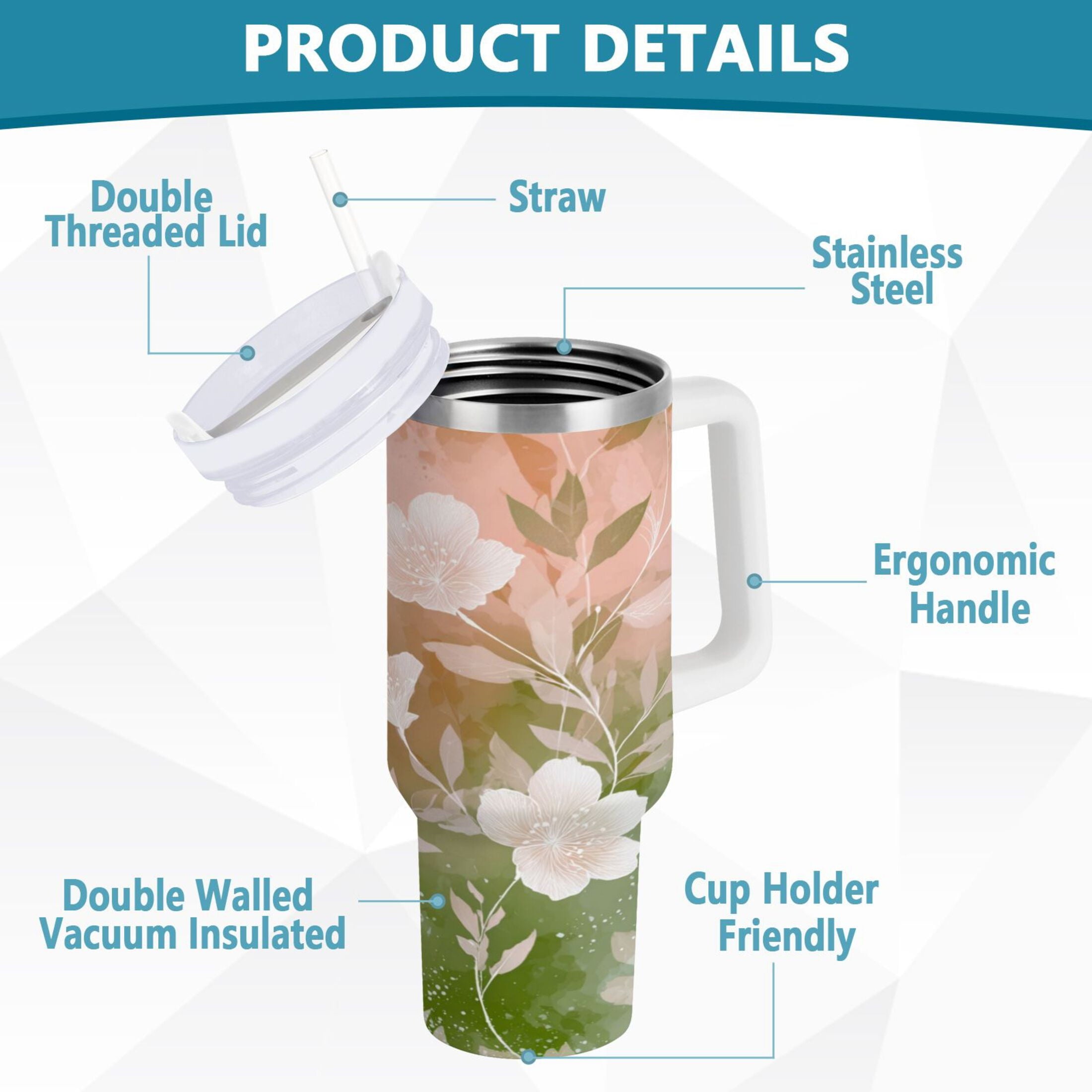 30 oz Insulated Stainless Steel Tumbler Double Wall Stainless Steel Tumbler with 2-Way Drinking Gradient Elegant Floral - Choice 127